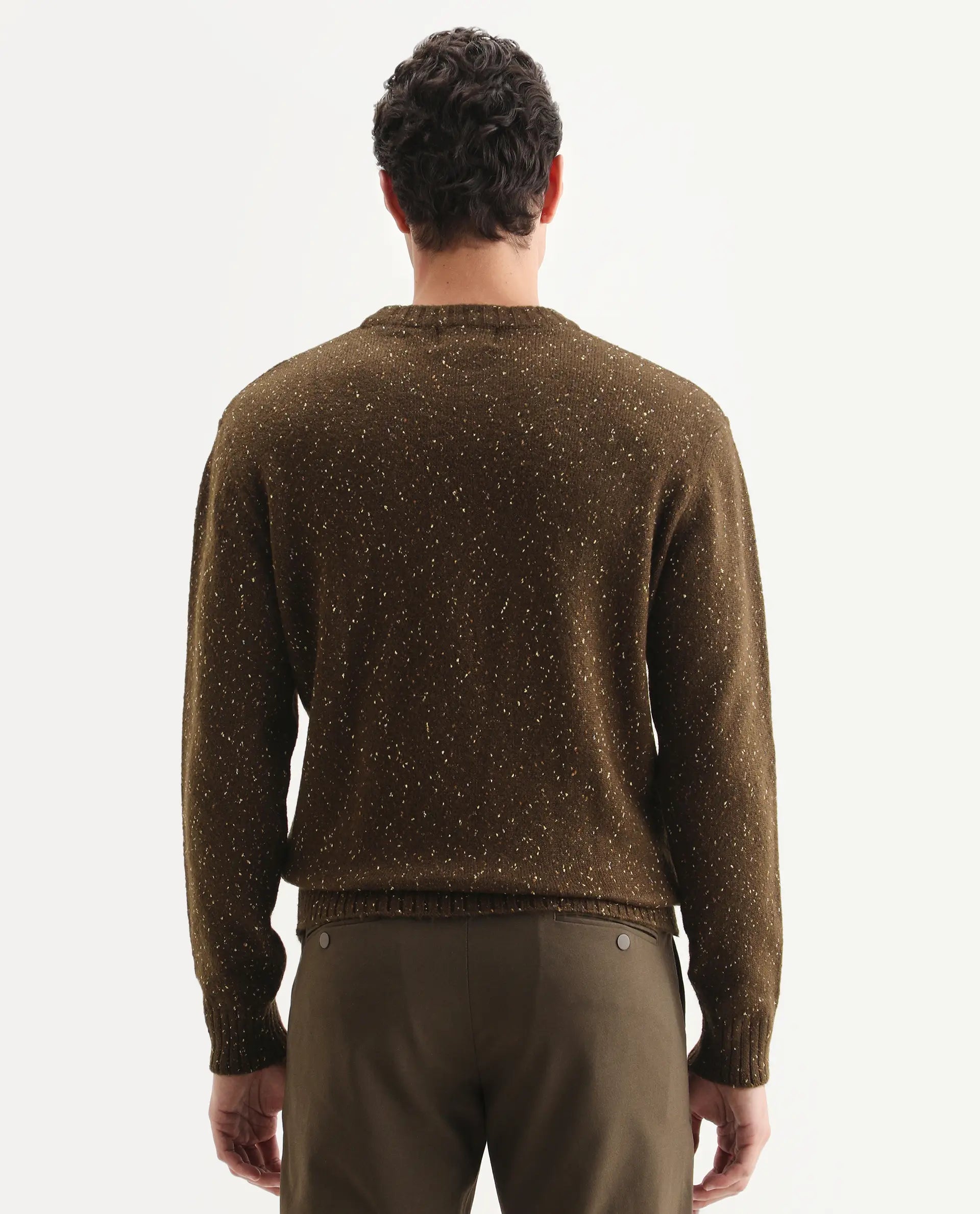 Rare Rabbit Men's Lomot Brown Cotton Fabric Crew Neck Regular Fit Speckled Print Sweater