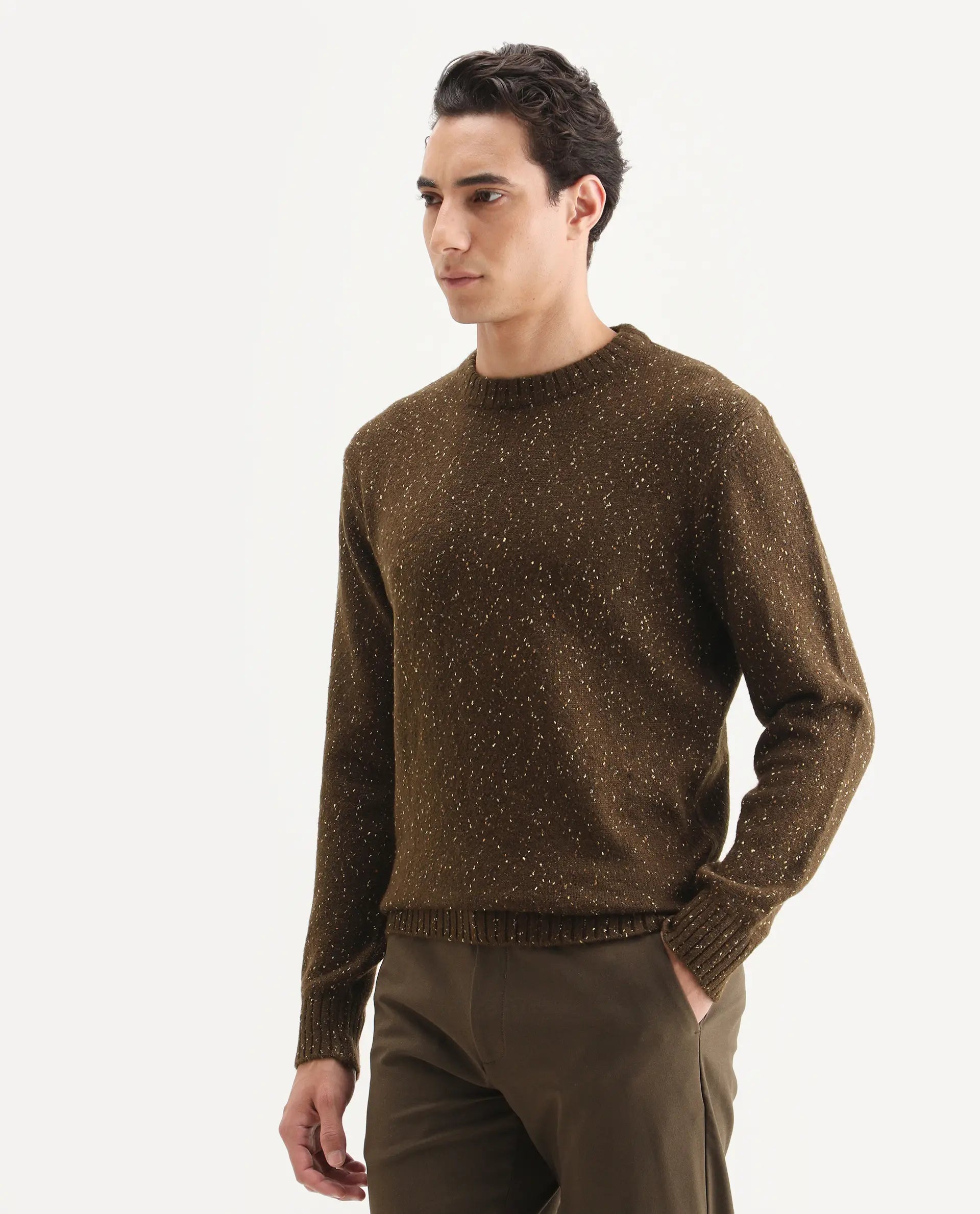 Rare Rabbit Men's Lomot Brown Cotton Fabric Crew Neck Regular Fit Speckled Print Sweater