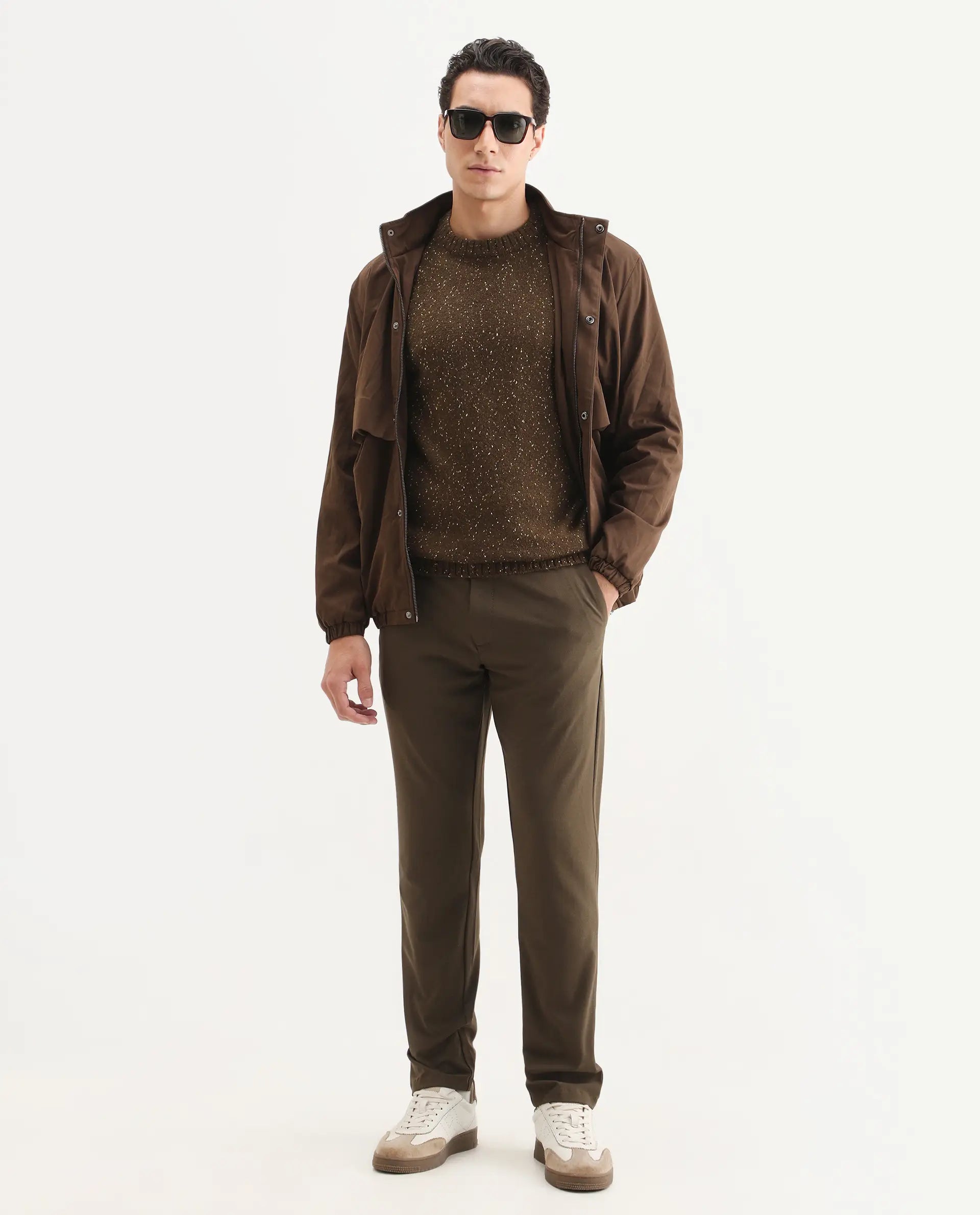 Rare Rabbit Men's Lomot Brown Cotton Fabric Crew Neck Regular Fit Speckled Print Sweater