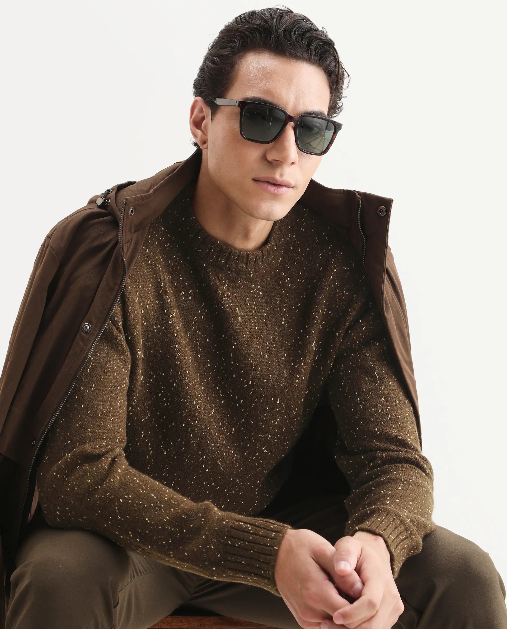 Rare Rabbit Men's Lomot Brown Cotton Fabric Crew Neck Regular Fit Speckled Print Sweater