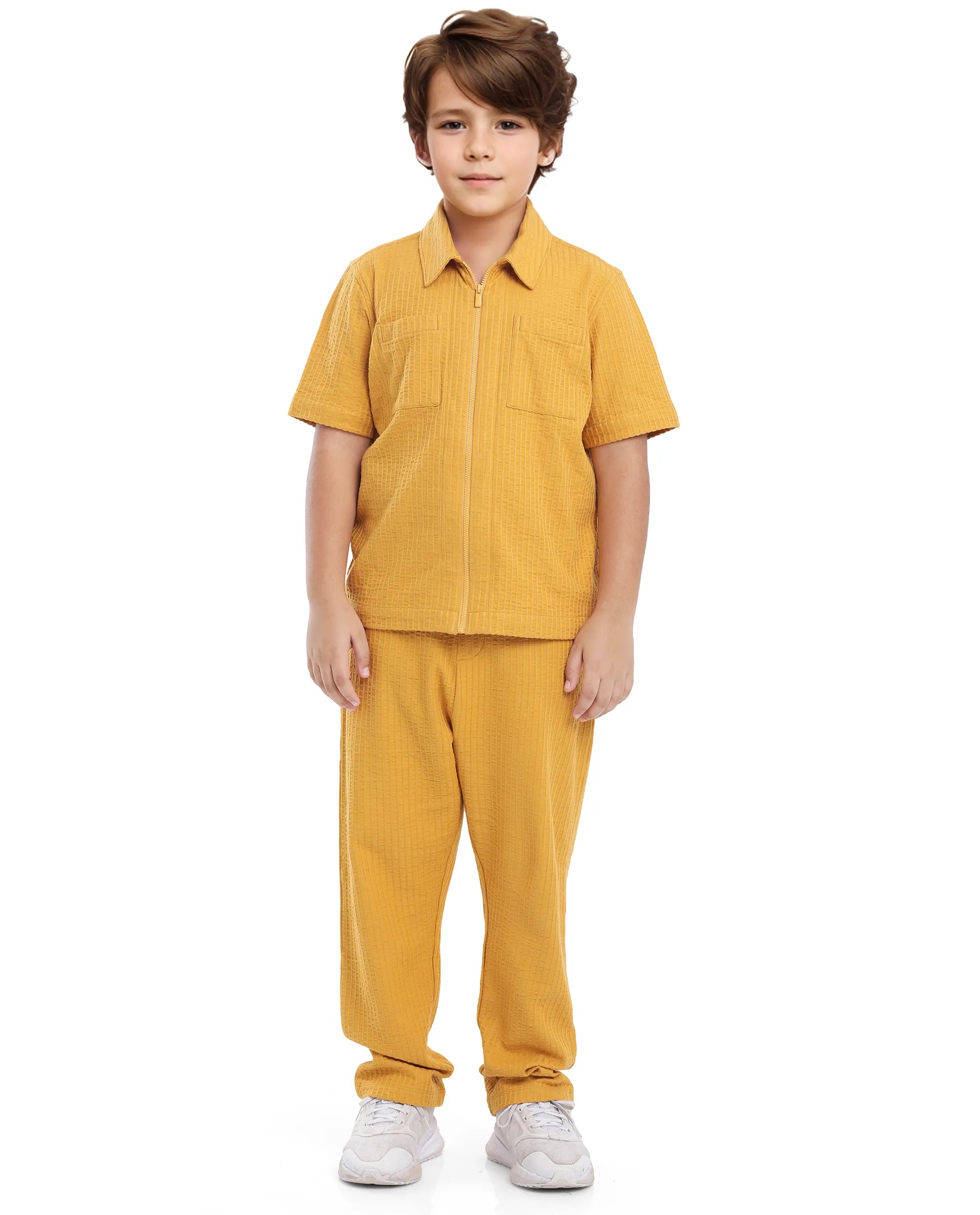 Rare Ones Kids Lomz Mustard Cotton Fabric Half Sleeve Tonal Stripe Shacket