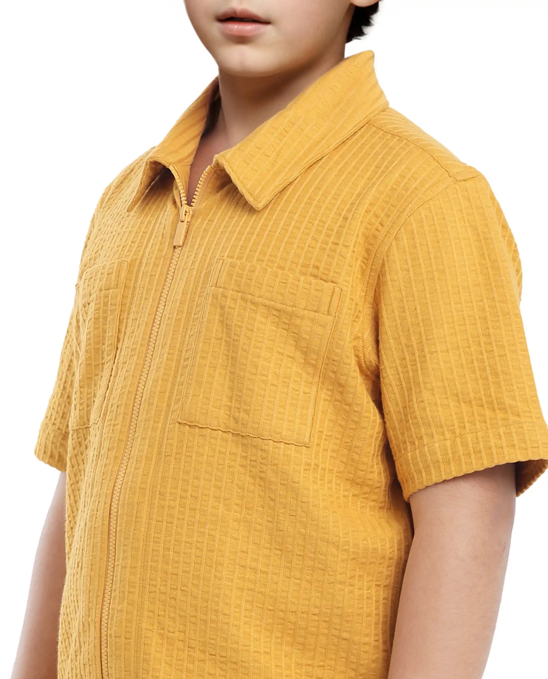 Rare Ones Kids Lomz Mustard Cotton Fabric Half Sleeve Tonal Stripe Shacket