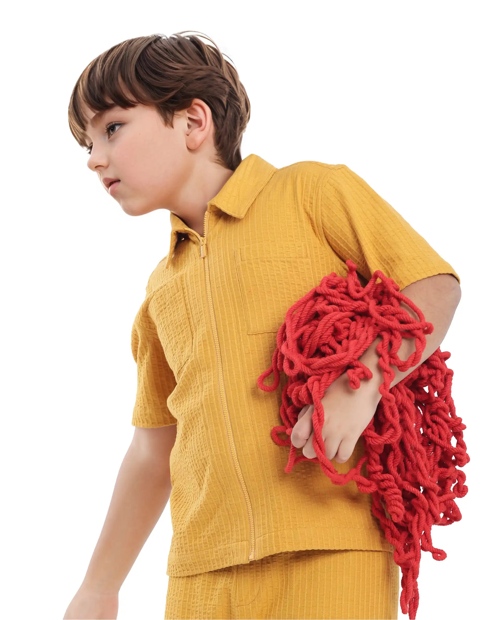 Rare Ones Kids Lomz Mustard Cotton Fabric Half Sleeve Tonal Stripe Shacket