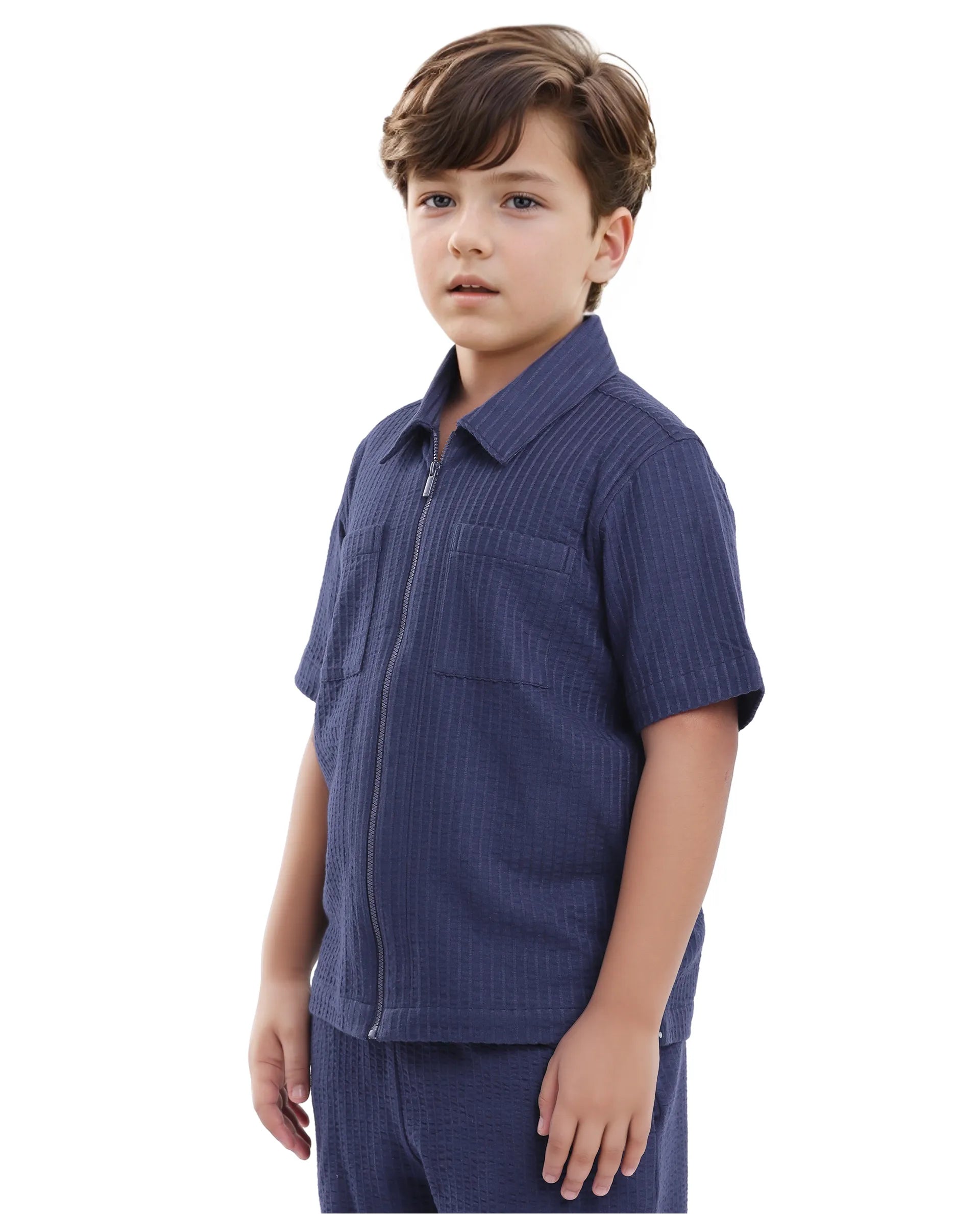 Rare Ones Kids Lomz Dark Navy Cotton Fabric Half Sleeve Tonal Stripe Shacket