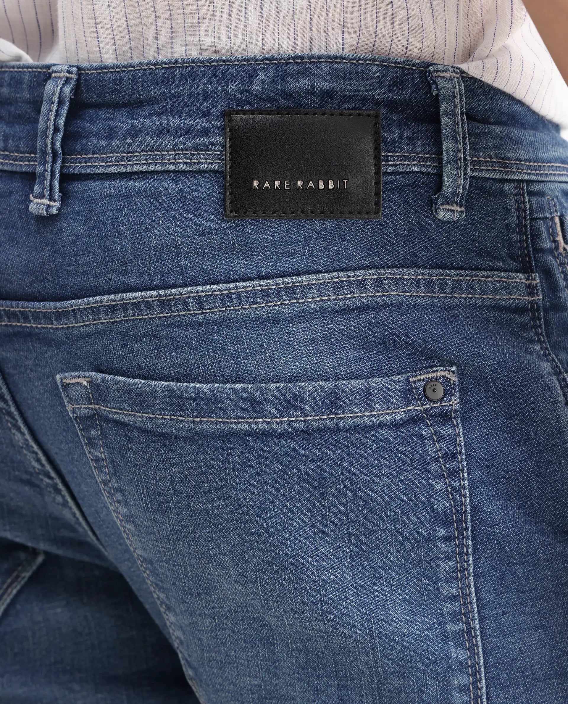 Rare Rabbit Men's Lonar Blue Cotton Blend Plain Hawk Slim Fit Jeans