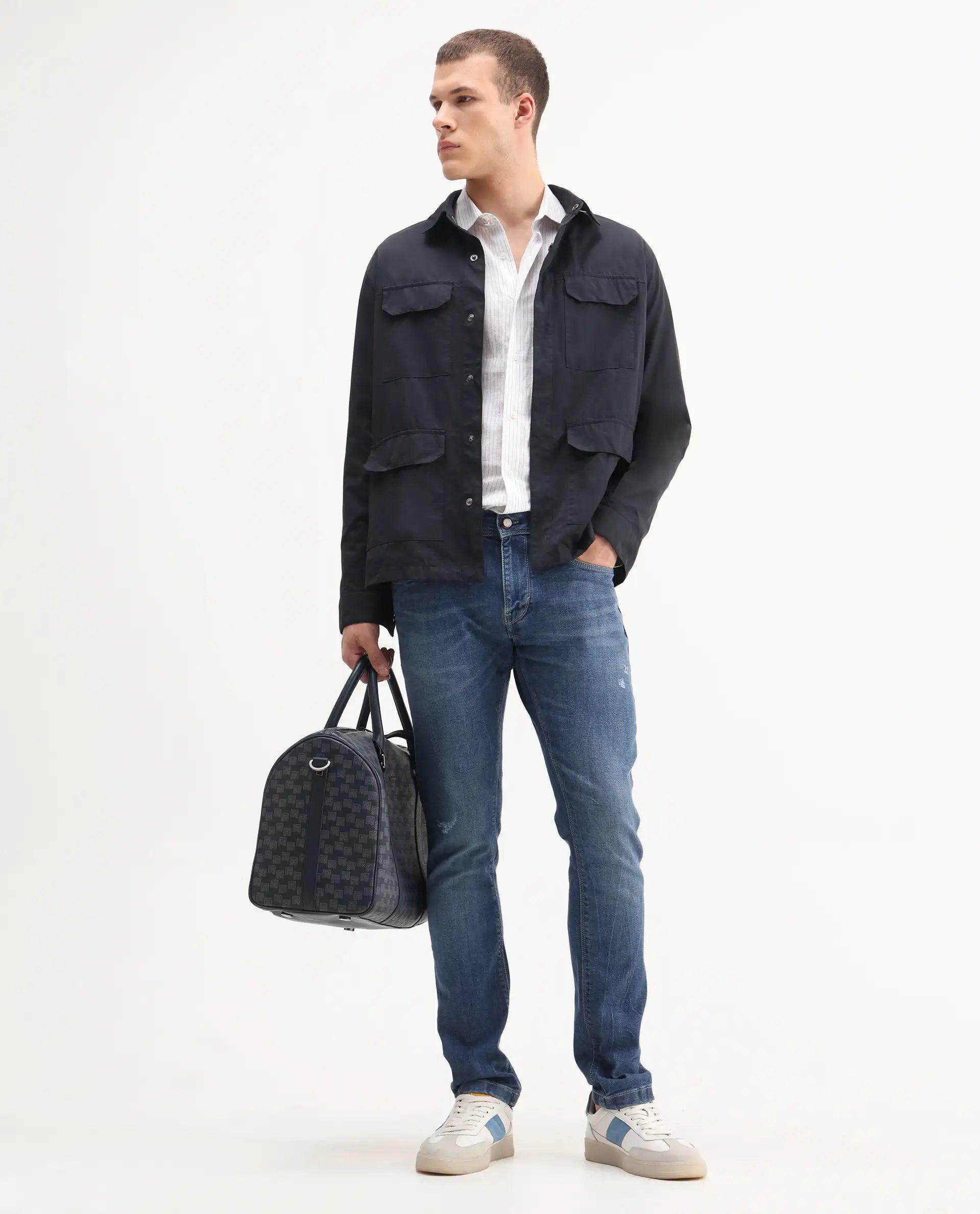 Rare Rabbit Men's Lonar Blue Cotton Blend Plain Hawk Slim Fit Jeans