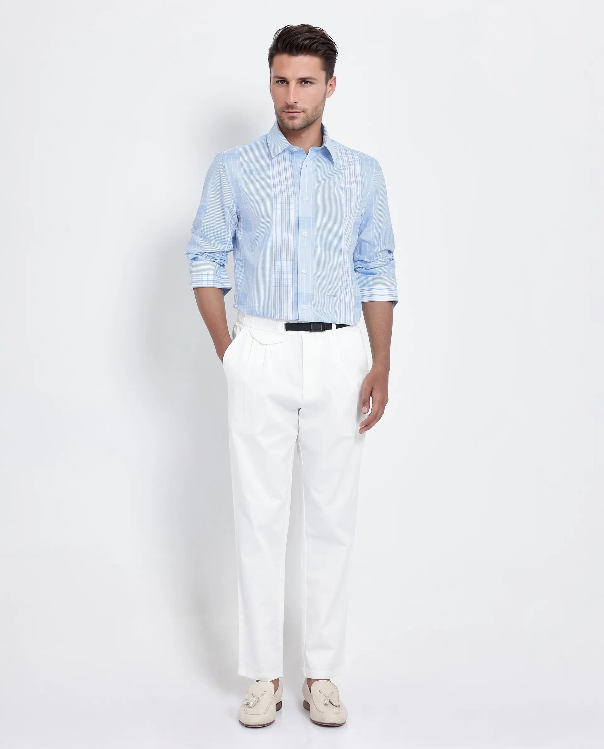 Rare Rabbit Men's Lon Light Blue Cotton Fabric Full Sleeve Spread Collar Button Closure Checks Shirt