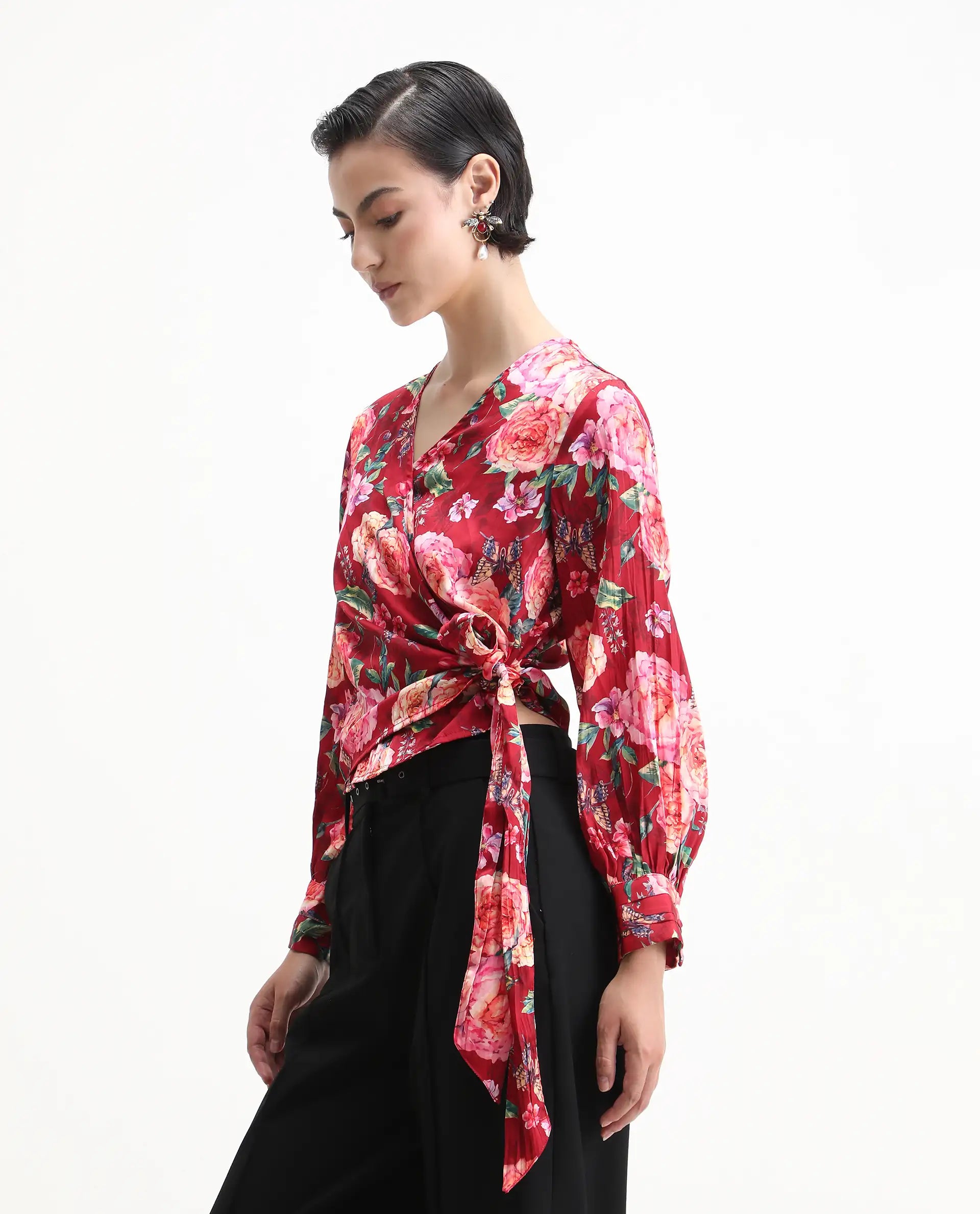 Rareism Women's Lonna Red Overlap Neck Floral Print Cuffed Sleeve Regular Fit Top