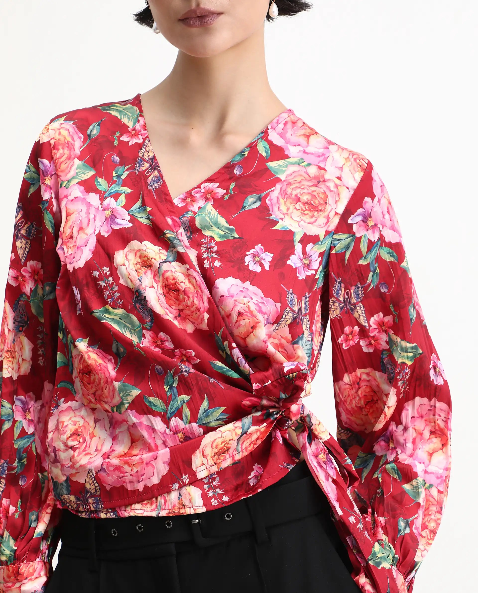 Rareism Women's Lonna Red Overlap Neck Floral Print Cuffed Sleeve Regular Fit Top