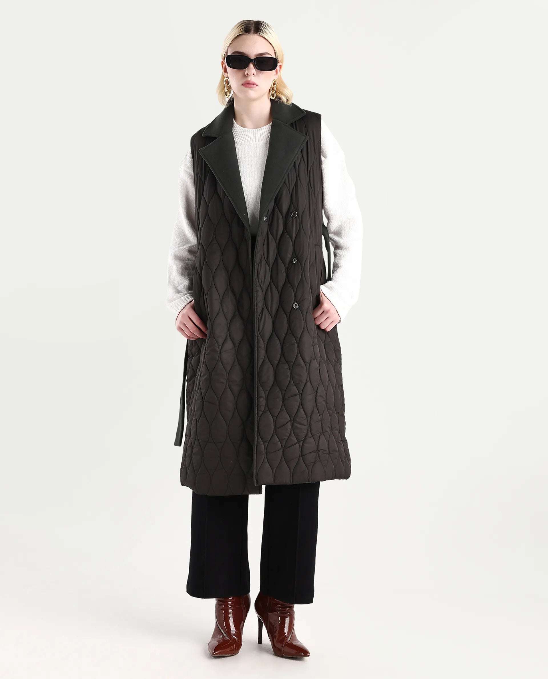 Rareism Women's Lonpuf Olive Polyester Lapel Collar Plain Jacket