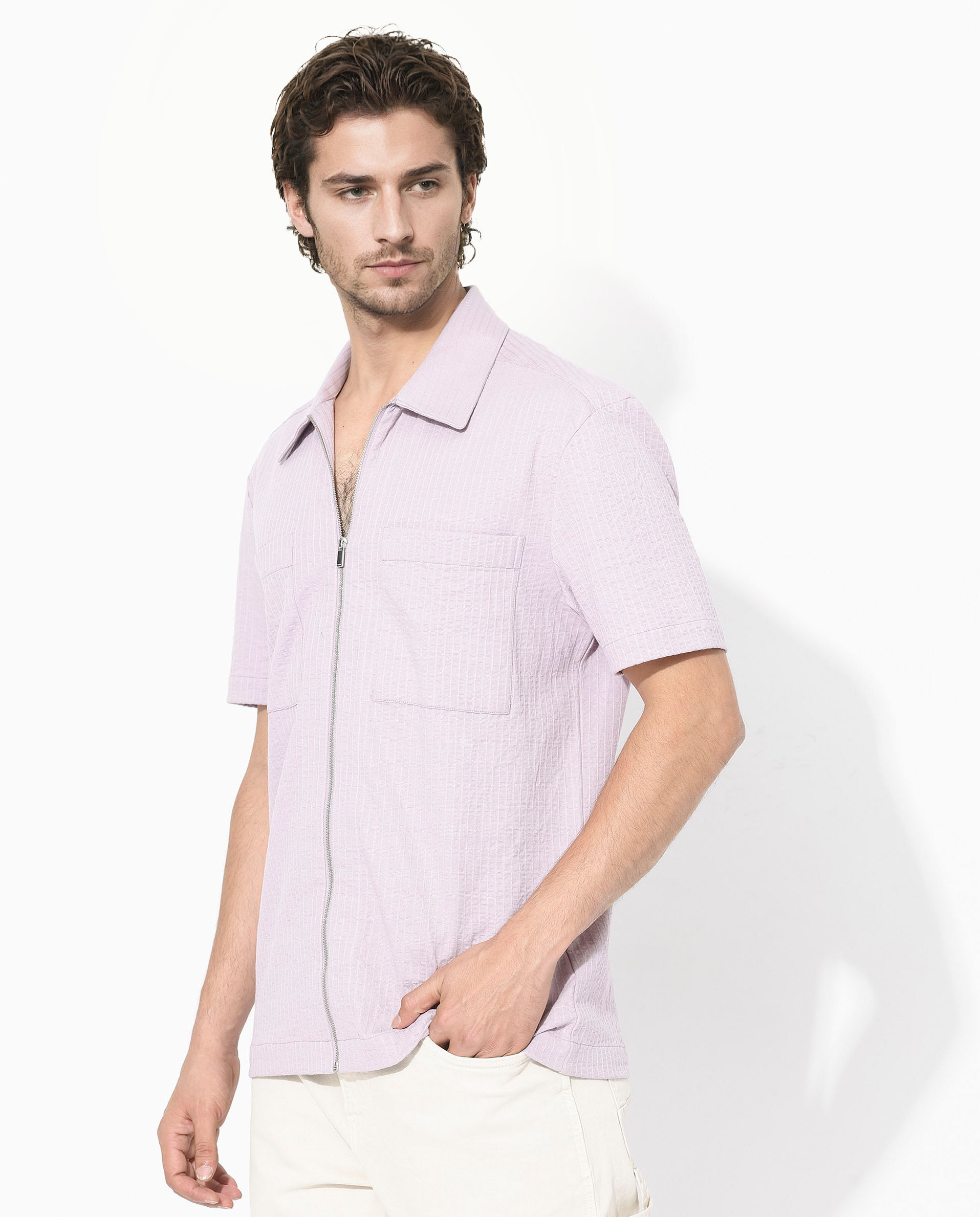 Rare Rabbit Mens Loomz Dusky Purple Half Sleeve Solid Broad Collar Zipper Closure Self Stripe Shirt