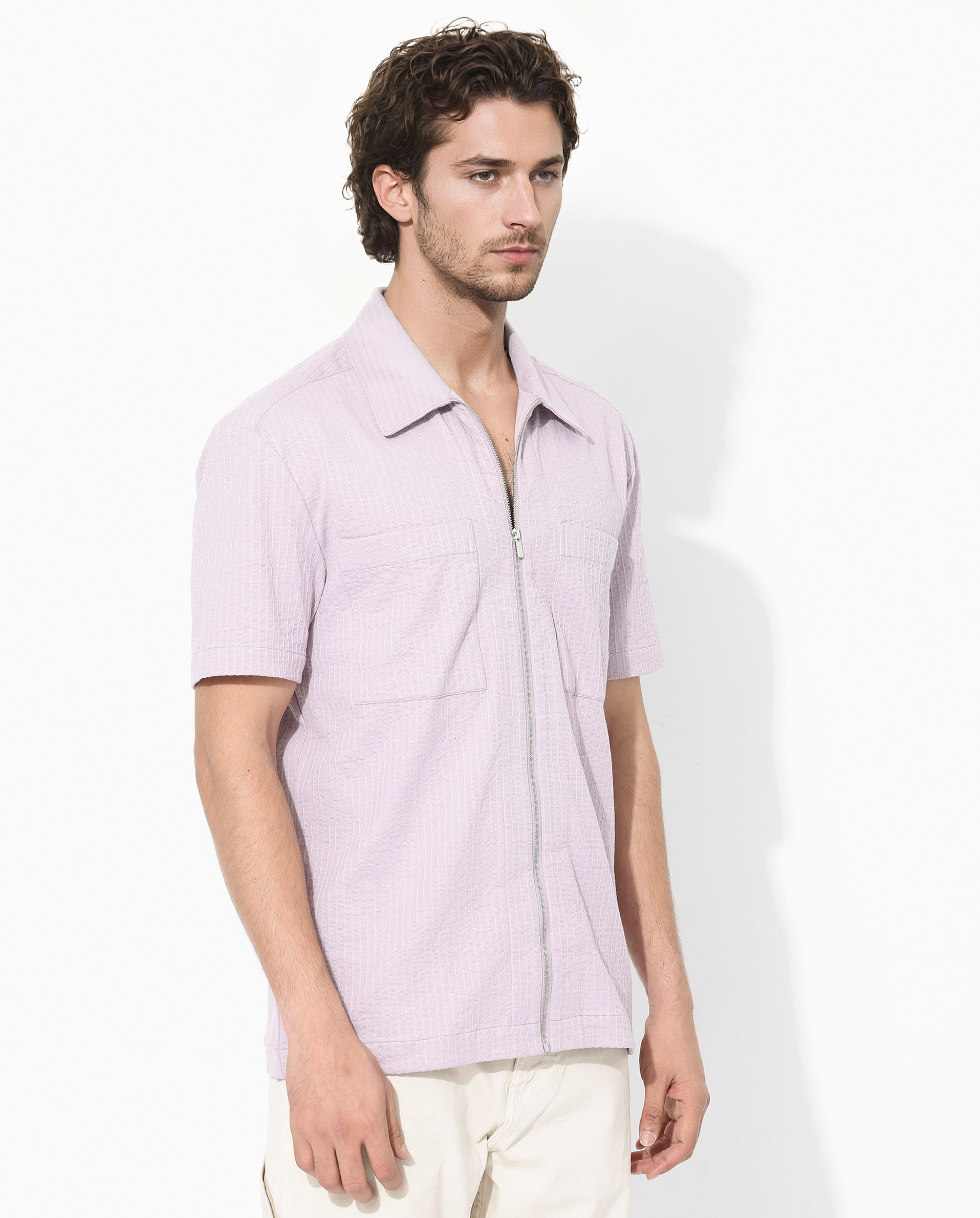 Rare Rabbit Mens Loomz Dusky Purple Half Sleeve Solid Broad Collar Zipper Closure Self Stripe Shirt