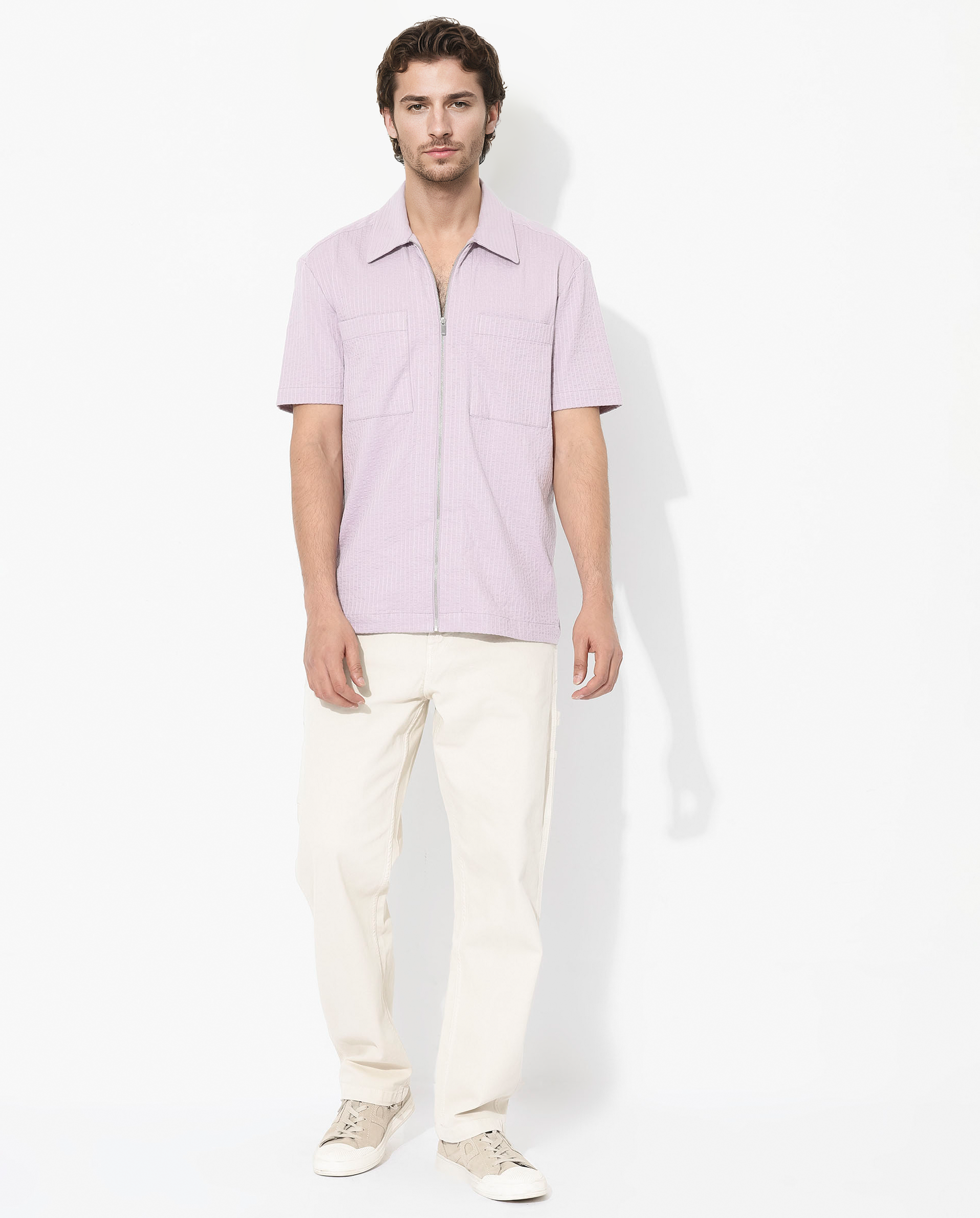 Rare Rabbit Mens Loomz Dusky Purple Half Sleeve Solid Broad Collar Zipper Closure Self Stripe Shirt