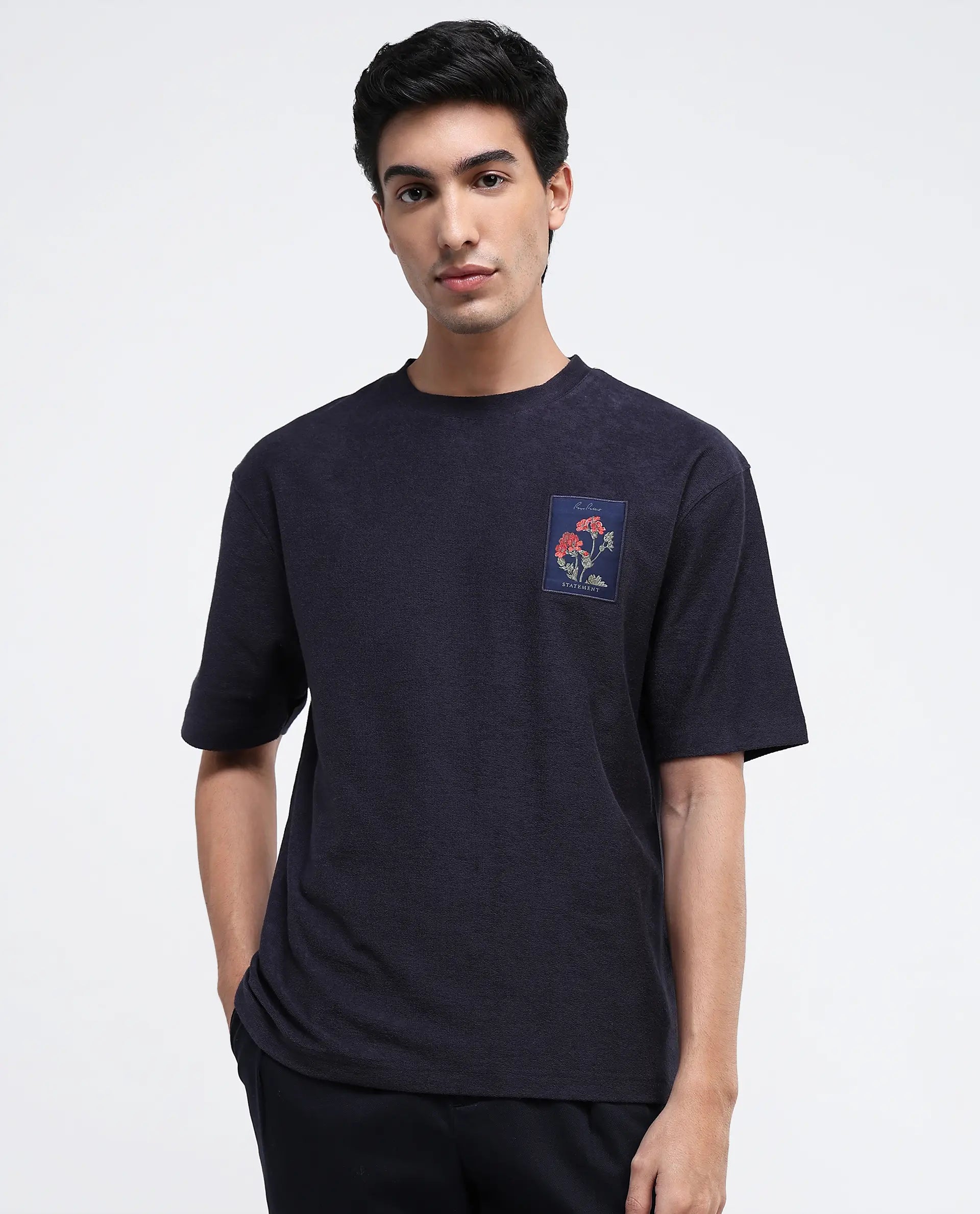 Rare Rabbit Men Loopet-1 Navy Cotton Lycra Fabric Half Sleeves Floral Print Pocket Detailing Oversized Fit Solid T-Shirt