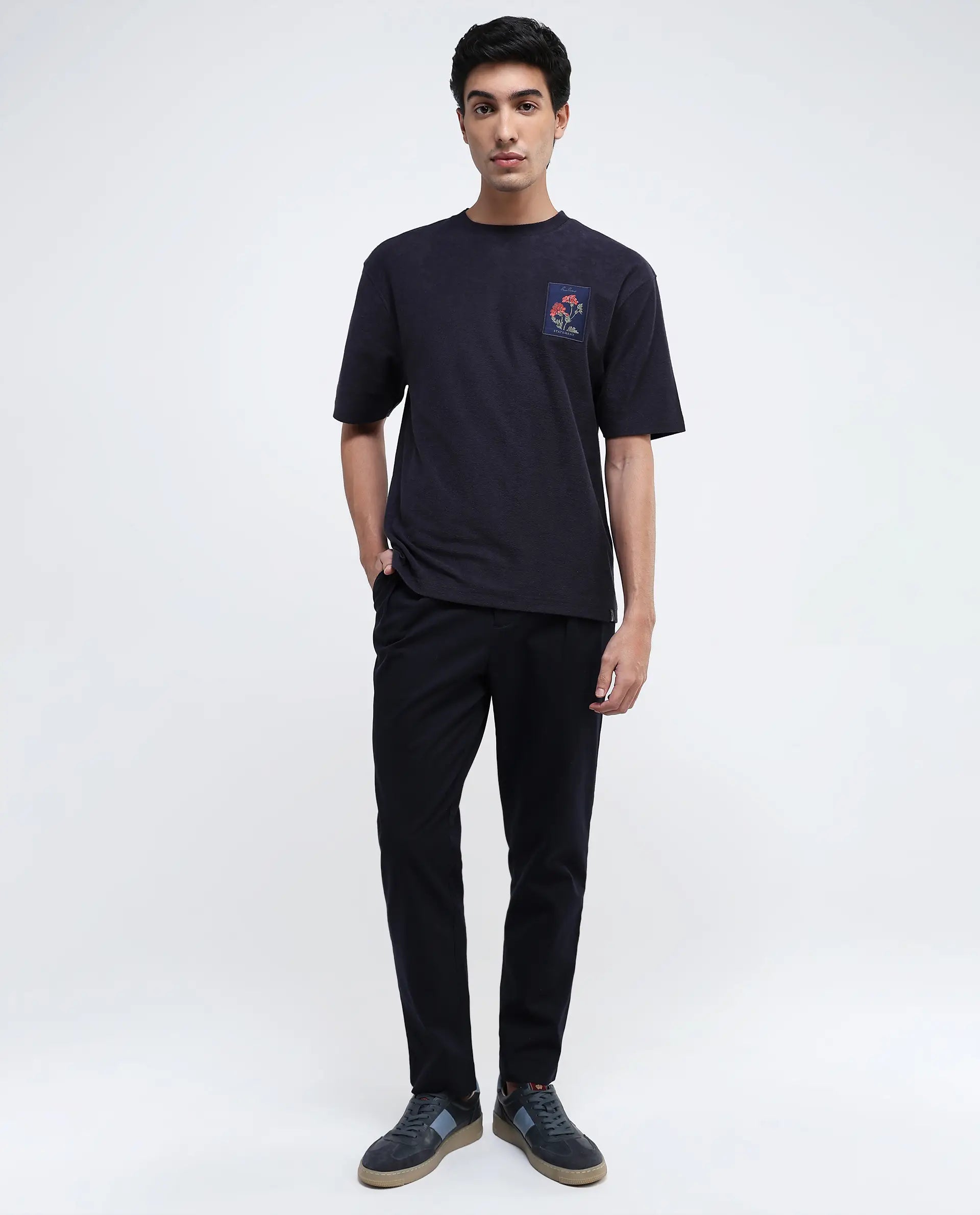 Rare Rabbit Men Loopet-1 Navy Cotton Lycra Fabric Half Sleeves Floral Print Pocket Detailing Oversized Fit Solid T-Shirt