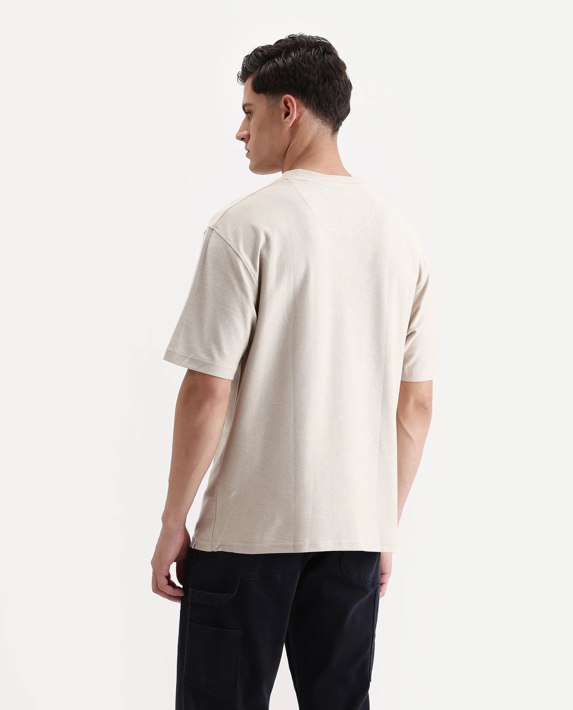 Rare Rabbit Men's Loopet Beige Cotton Embroidered Oversized Fit Half Sleeve Crew Neck T-Shirt