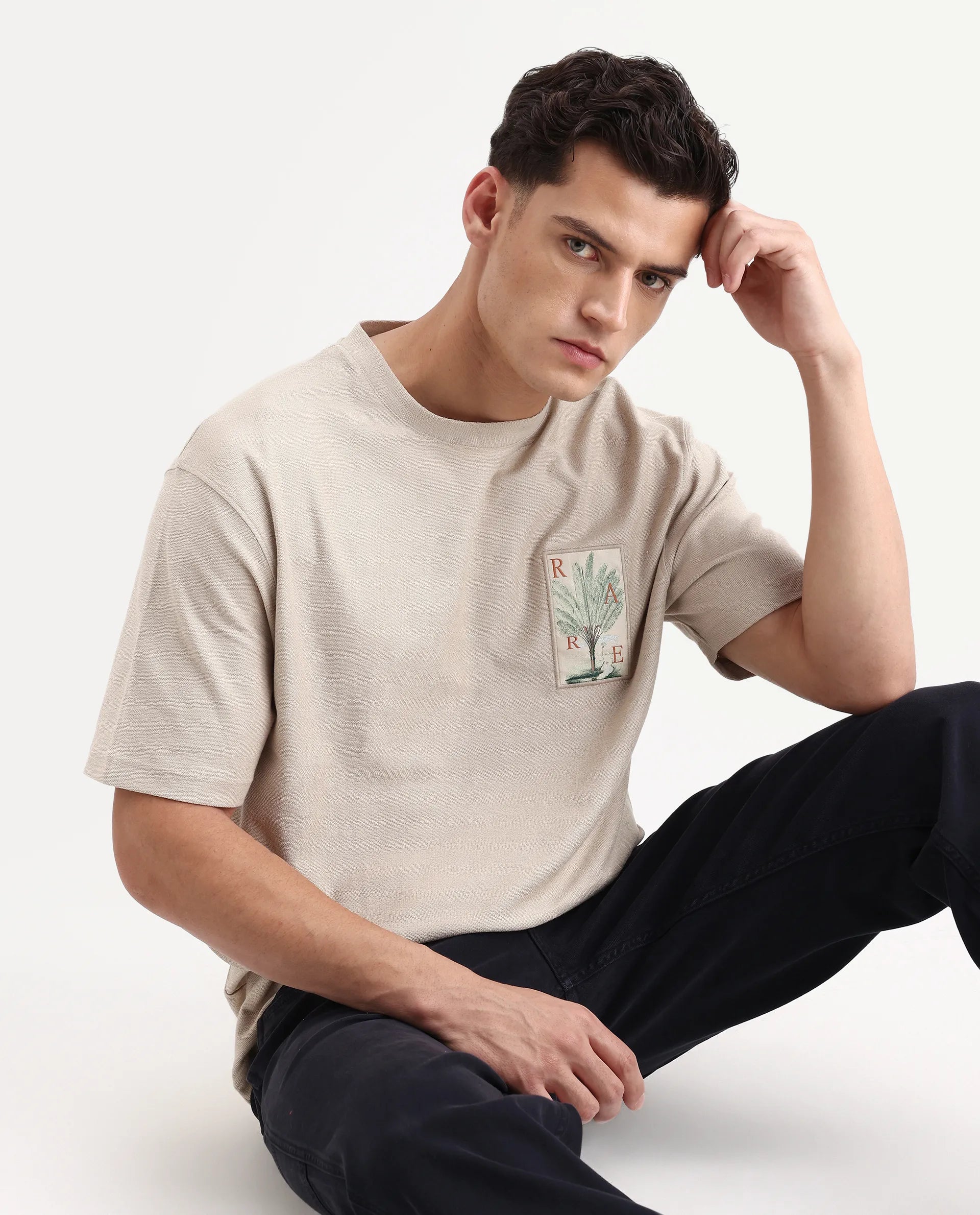 Rare Rabbit Men's Loopet Beige Cotton Embroidered Oversized Fit Half Sleeve Crew Neck T-Shirt