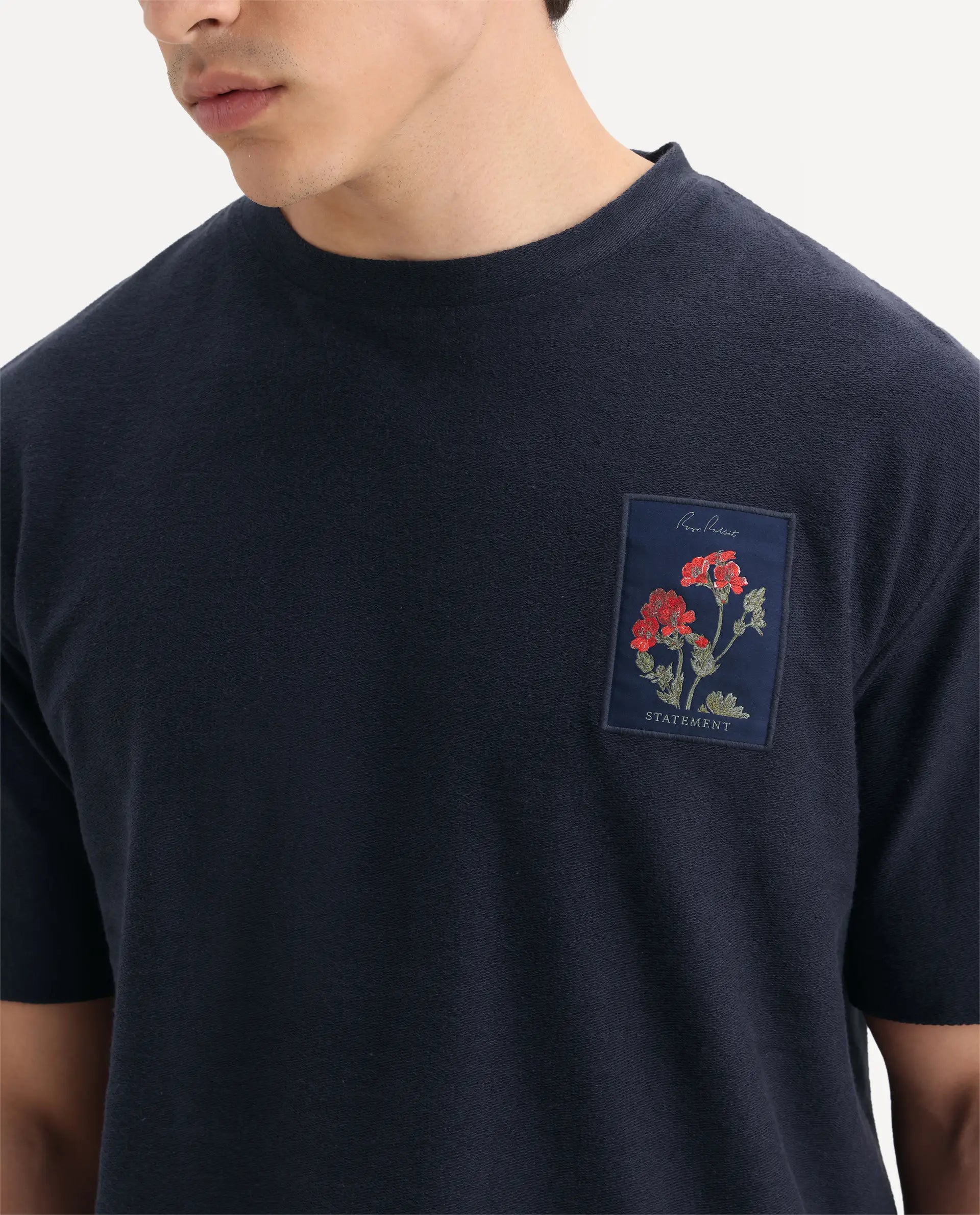 Rare Rabbit Men's Loopet Navy Cotton Embroidered Oversized Fit Half Sleeve Crew Neck T-Shirt