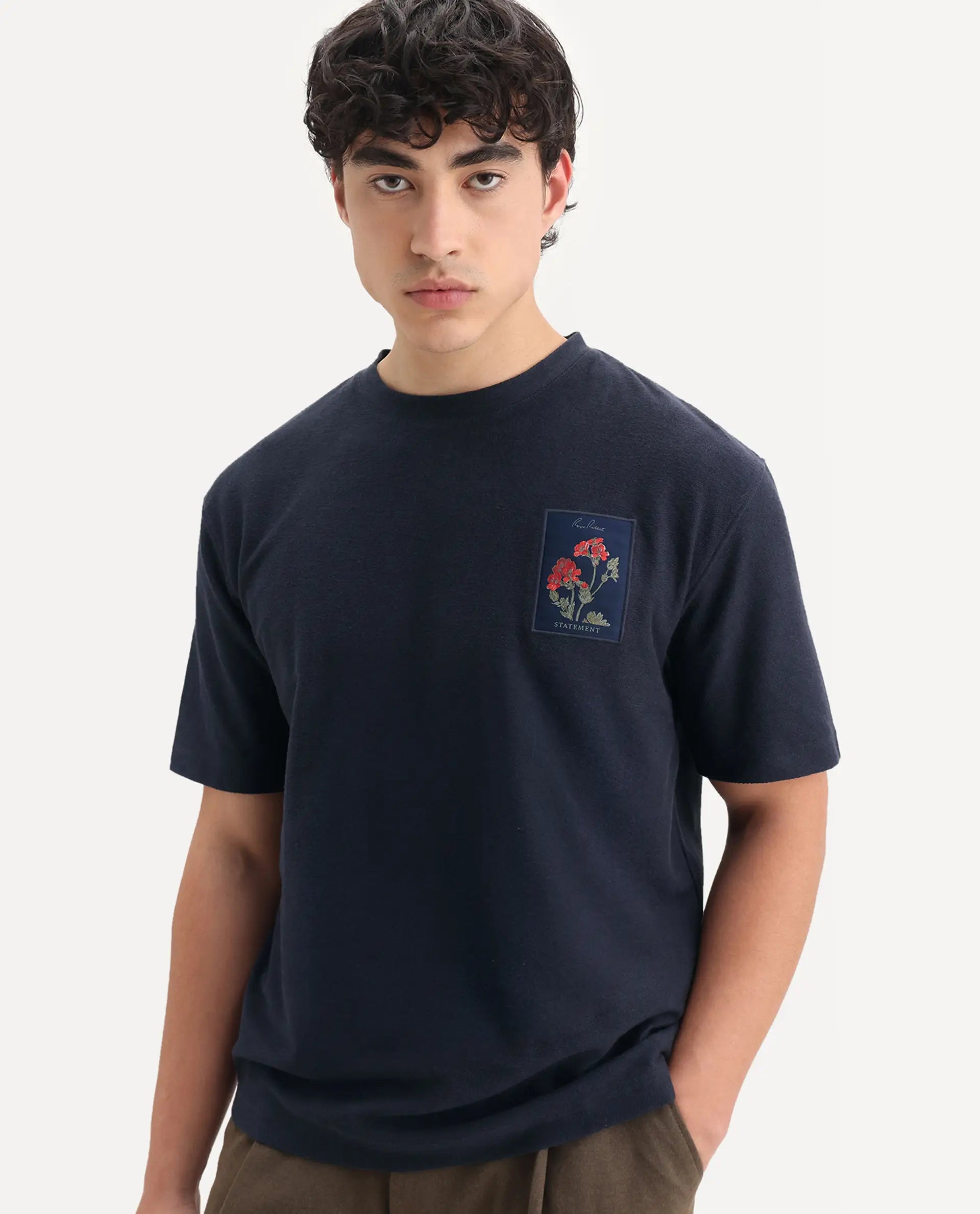 Rare Rabbit Men's Loopet Navy Cotton Embroidered Oversized Fit Half Sleeve Crew Neck T-Shirt