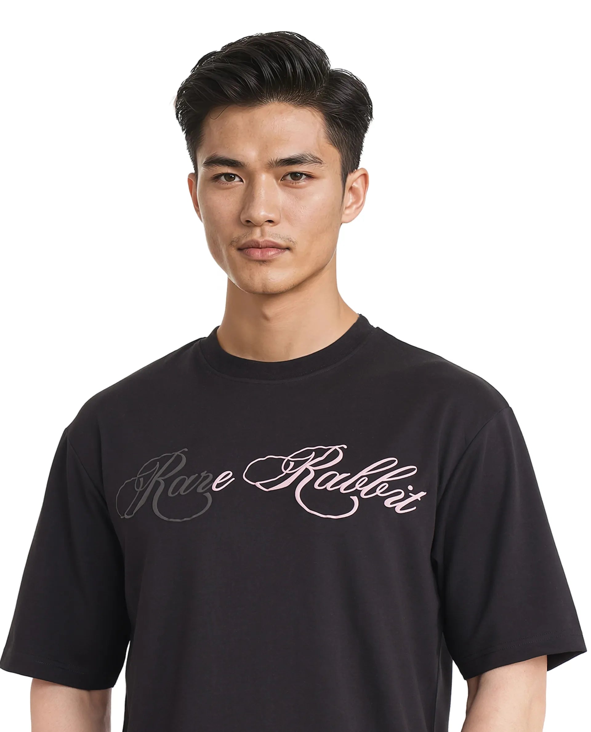 Rare Rabbit Men Lop Black Cotton Poly Fabric Short Sleeve Boxy Fit Printed T-Shirt