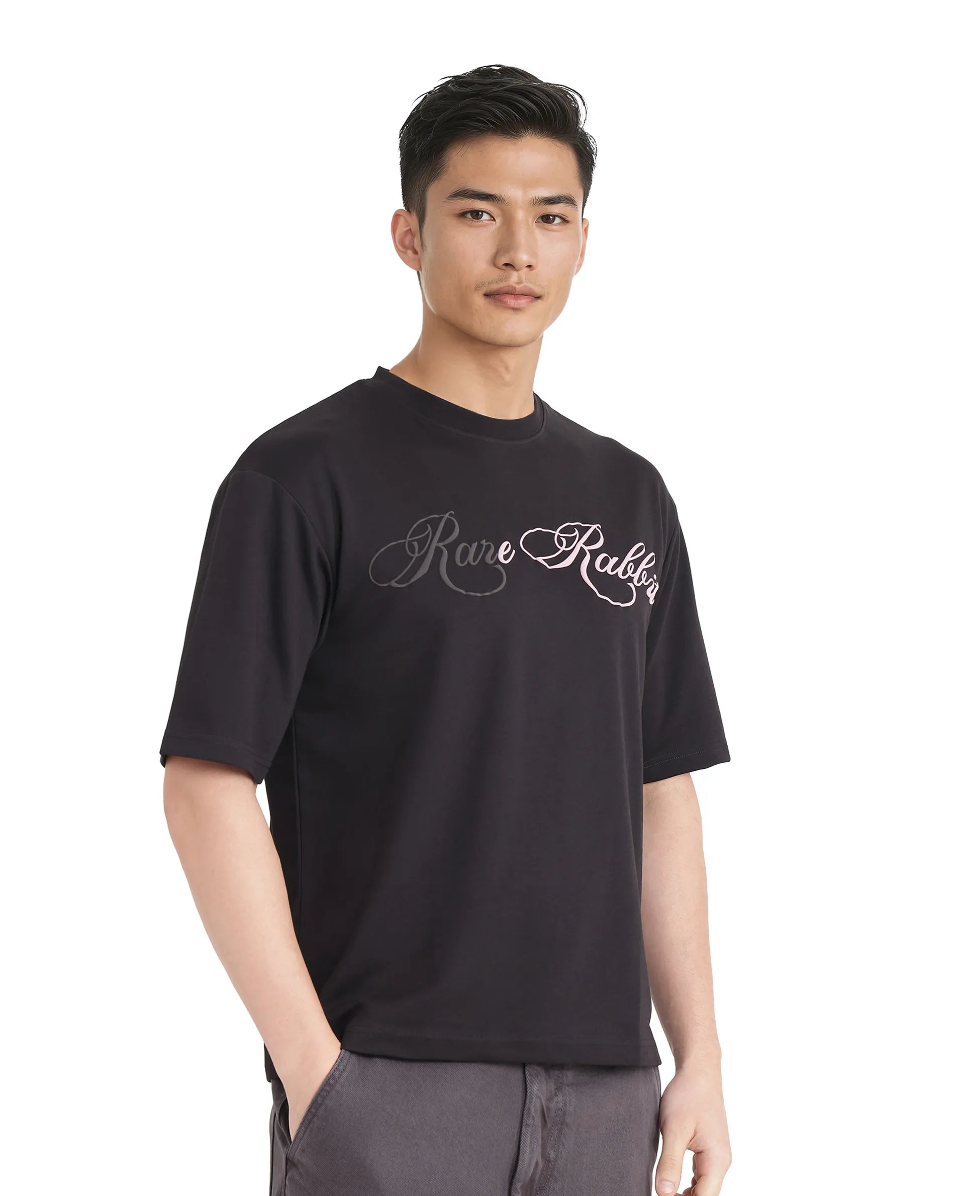 Rare Rabbit Men Lop Black Cotton Poly Fabric Short Sleeve Boxy Fit Printed T-Shirt