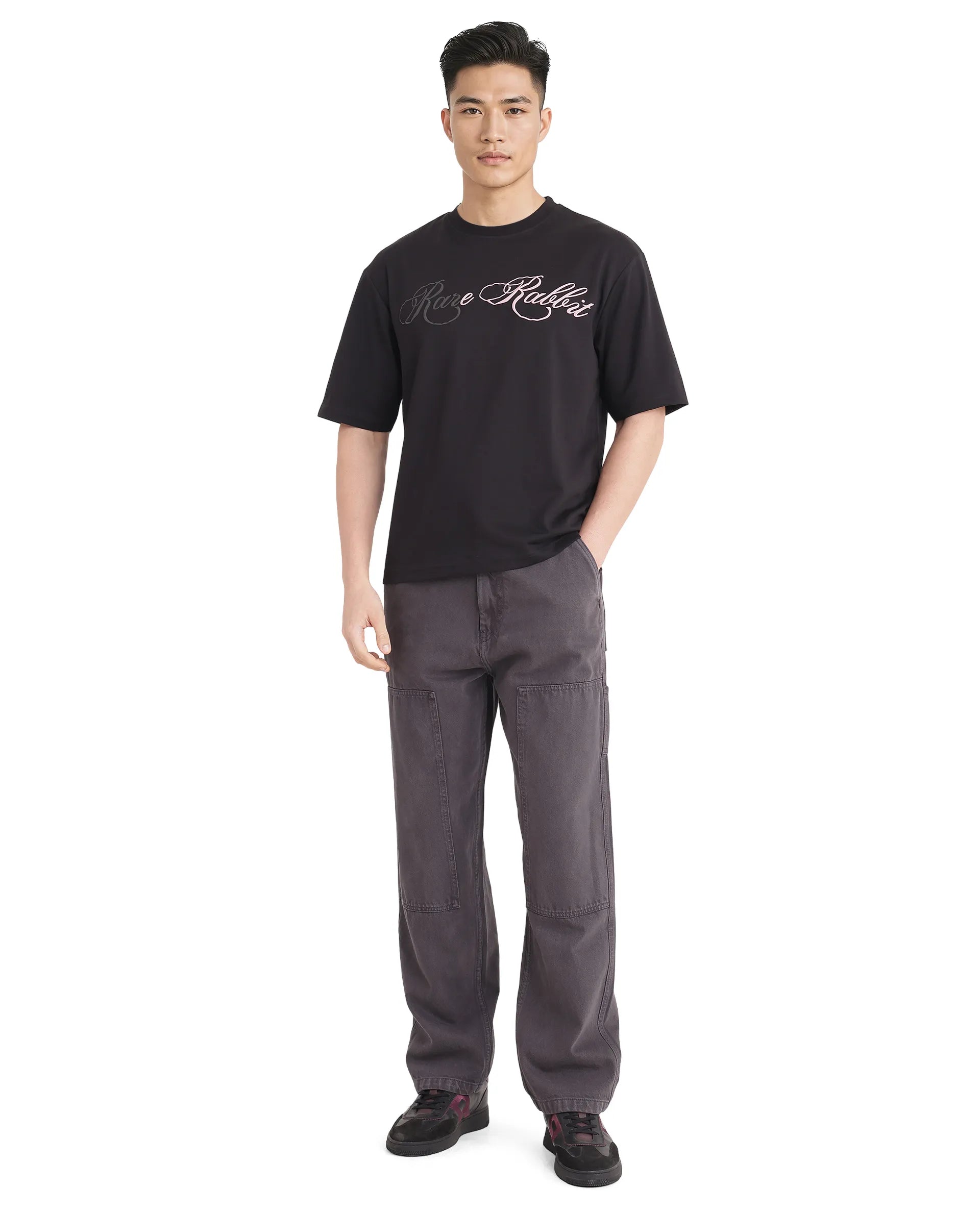 Rare Rabbit Men Lop Black Cotton Poly Fabric Short Sleeve Boxy Fit Printed T-Shirt