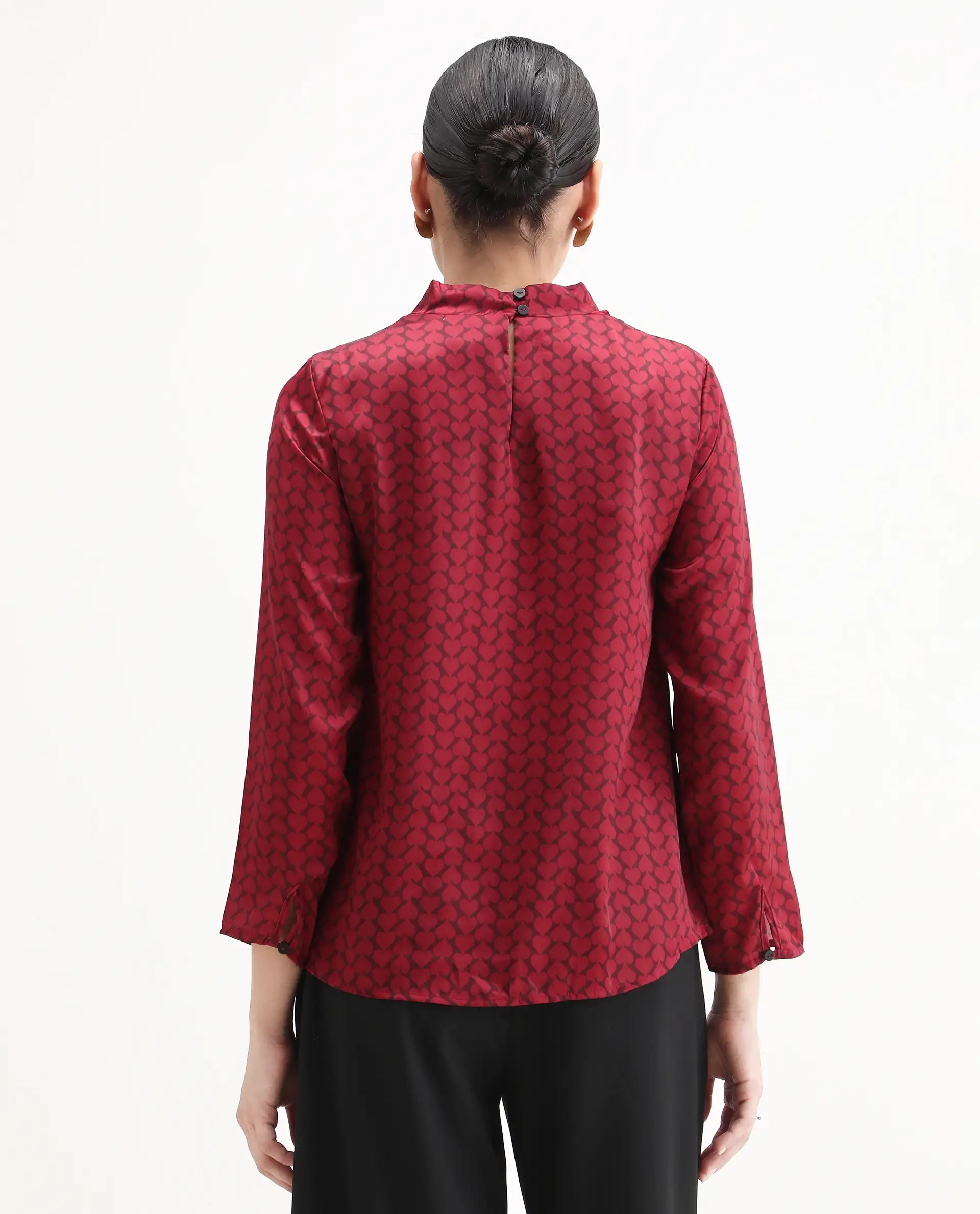 Rareism Women's Lop Maroon Satin High Neck Monogram Print Regular Fit Top