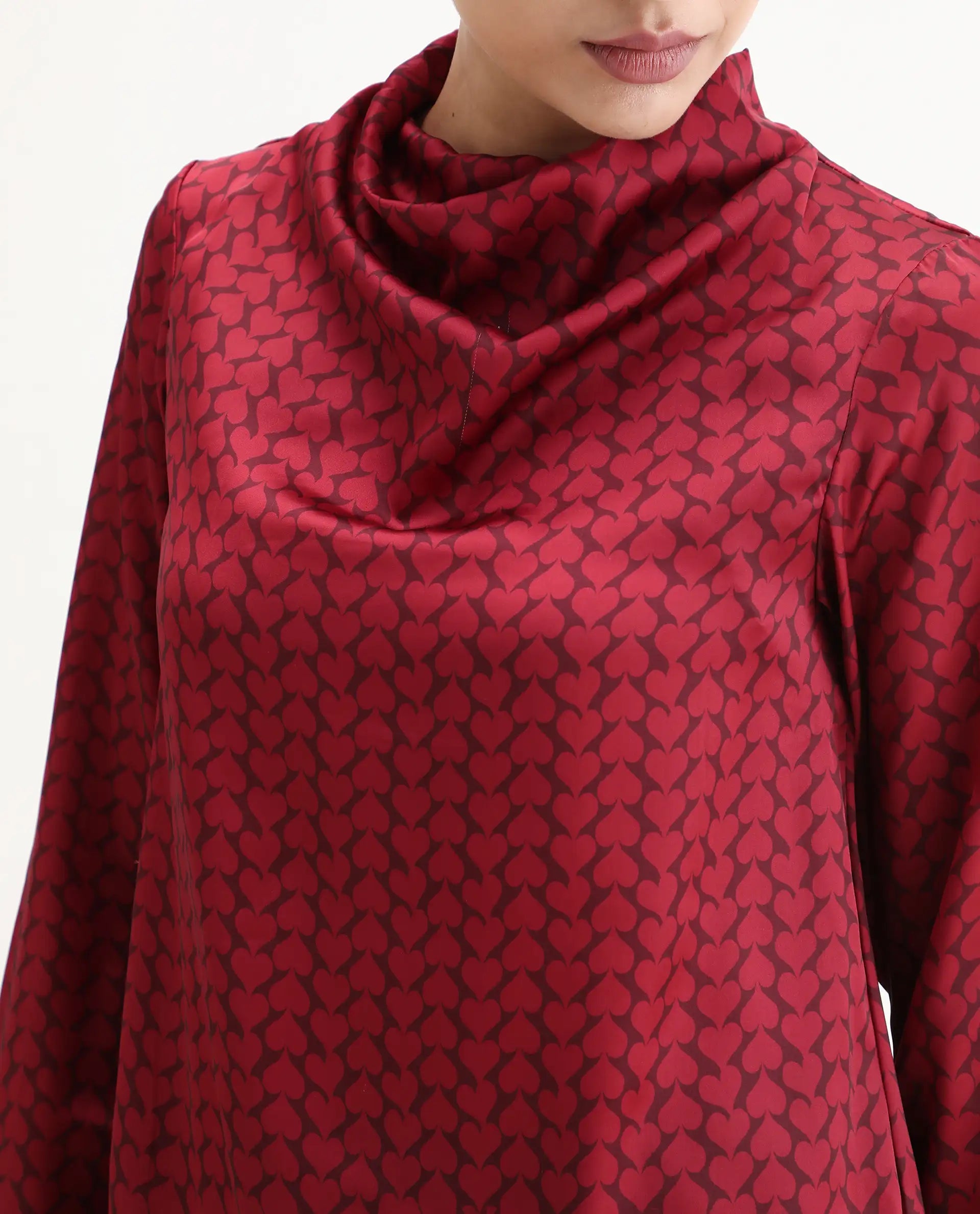 Rareism Women's Lop Maroon Satin High Neck Monogram Print Regular Fit Top