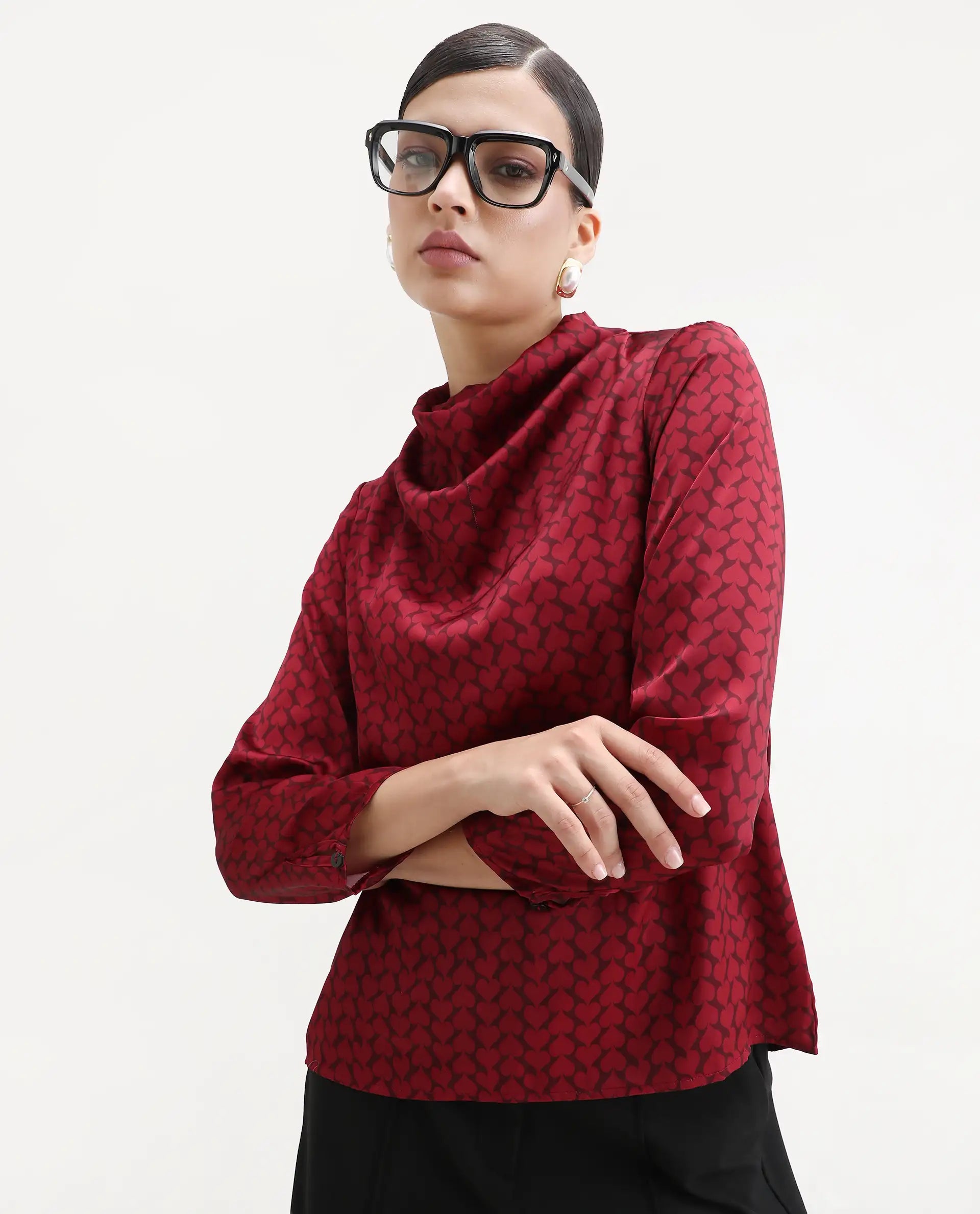 Rareism Women's Lop Maroon Satin High Neck Monogram Print Regular Fit Top