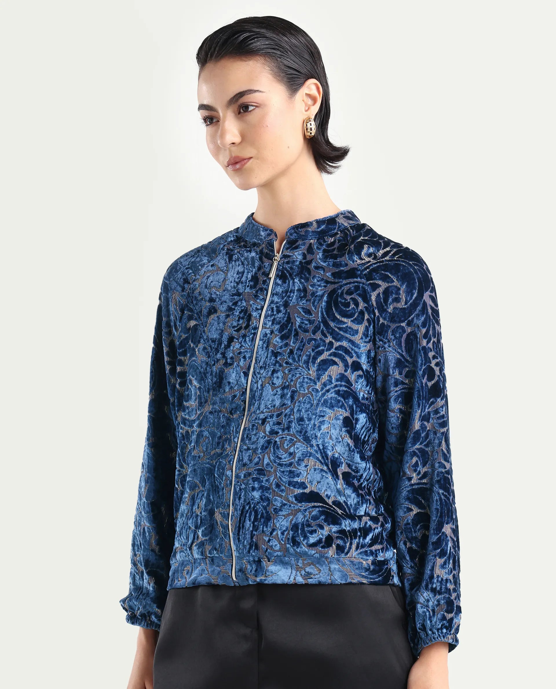 Rareism Women's Lopper Purple Velvet Mandarin Collar Abstract Print Raglan Sleeve Regular Fit Jacket