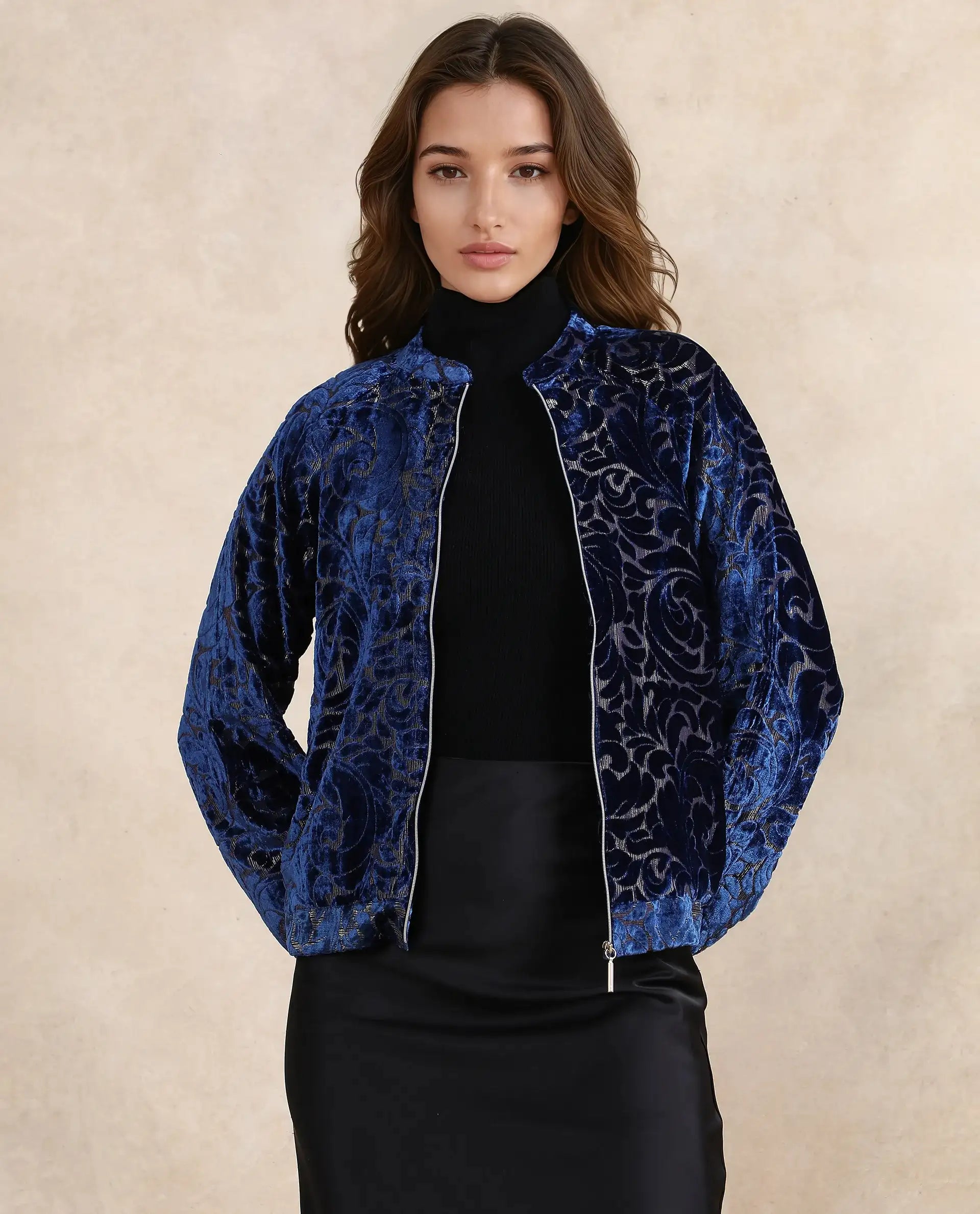 Rareism Women Lopper Purple Velvet Raglan Sleeves Mandarin Collar Zipper Closure Abstract Print Jacket