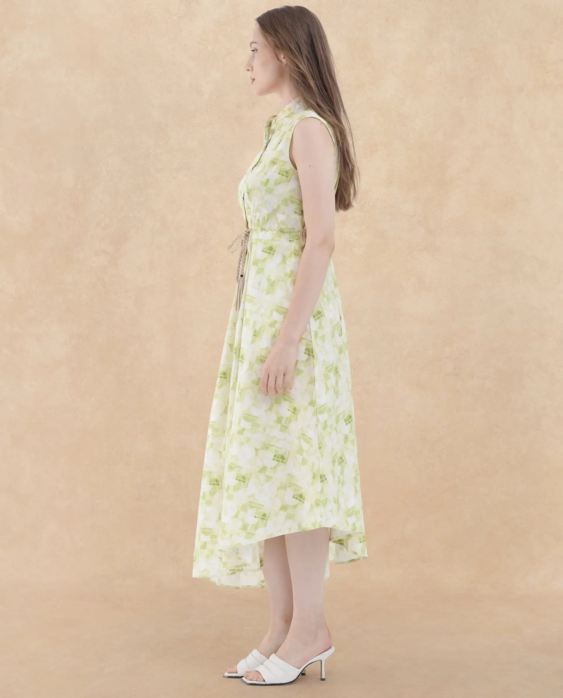 Rareism Women Loralai Green Cotton Fabric Button Closure Round Neck Sleeveless Flared Fit Geometric Print Maxi Dress