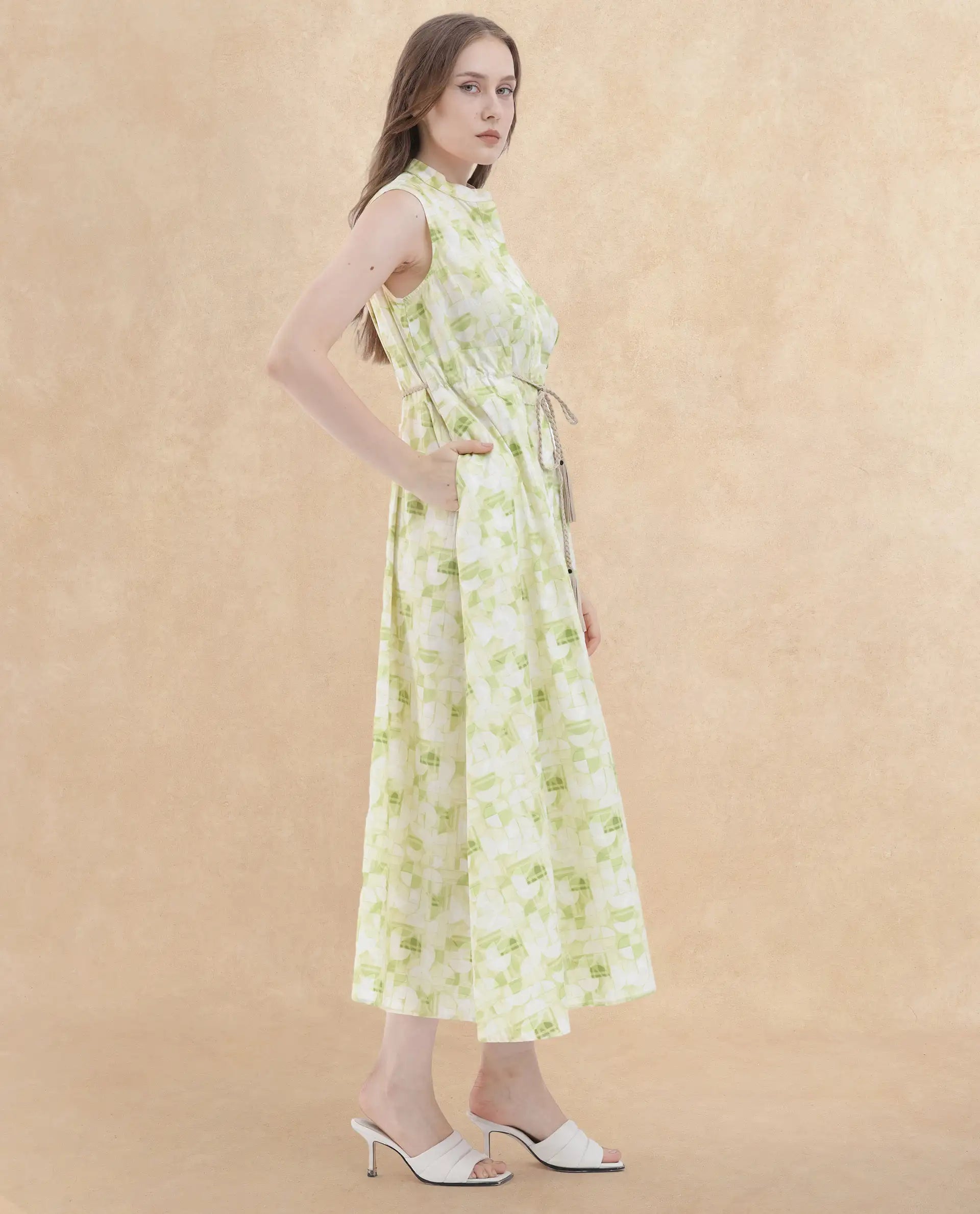 Rareism Women Loralai Green Cotton Fabric Button Closure Round Neck Sleeveless Flared Fit Geometric Print Maxi Dress