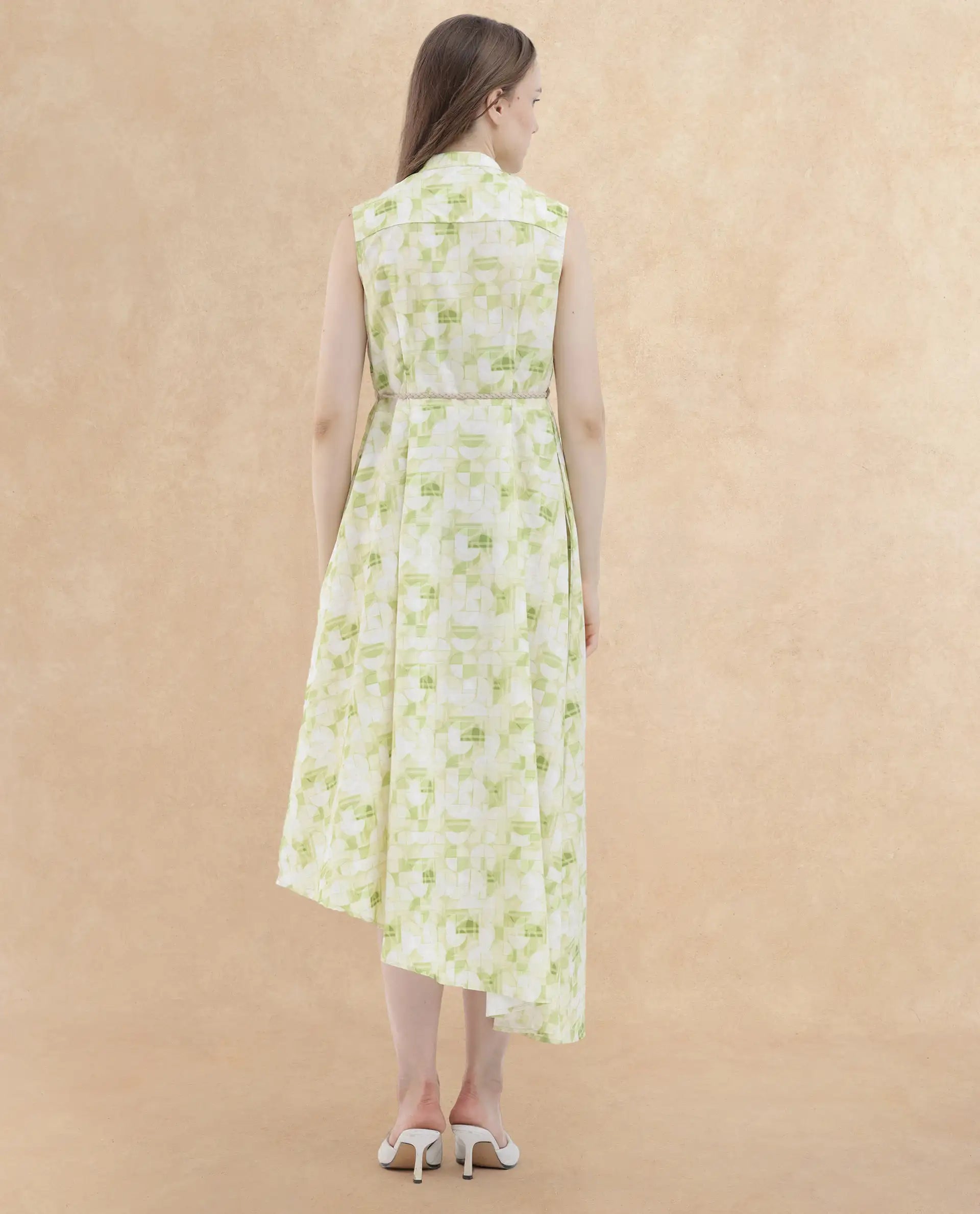 Rareism Women Loralai Green Cotton Fabric Button Closure Round Neck Sleeveless Flared Fit Geometric Print Maxi Dress