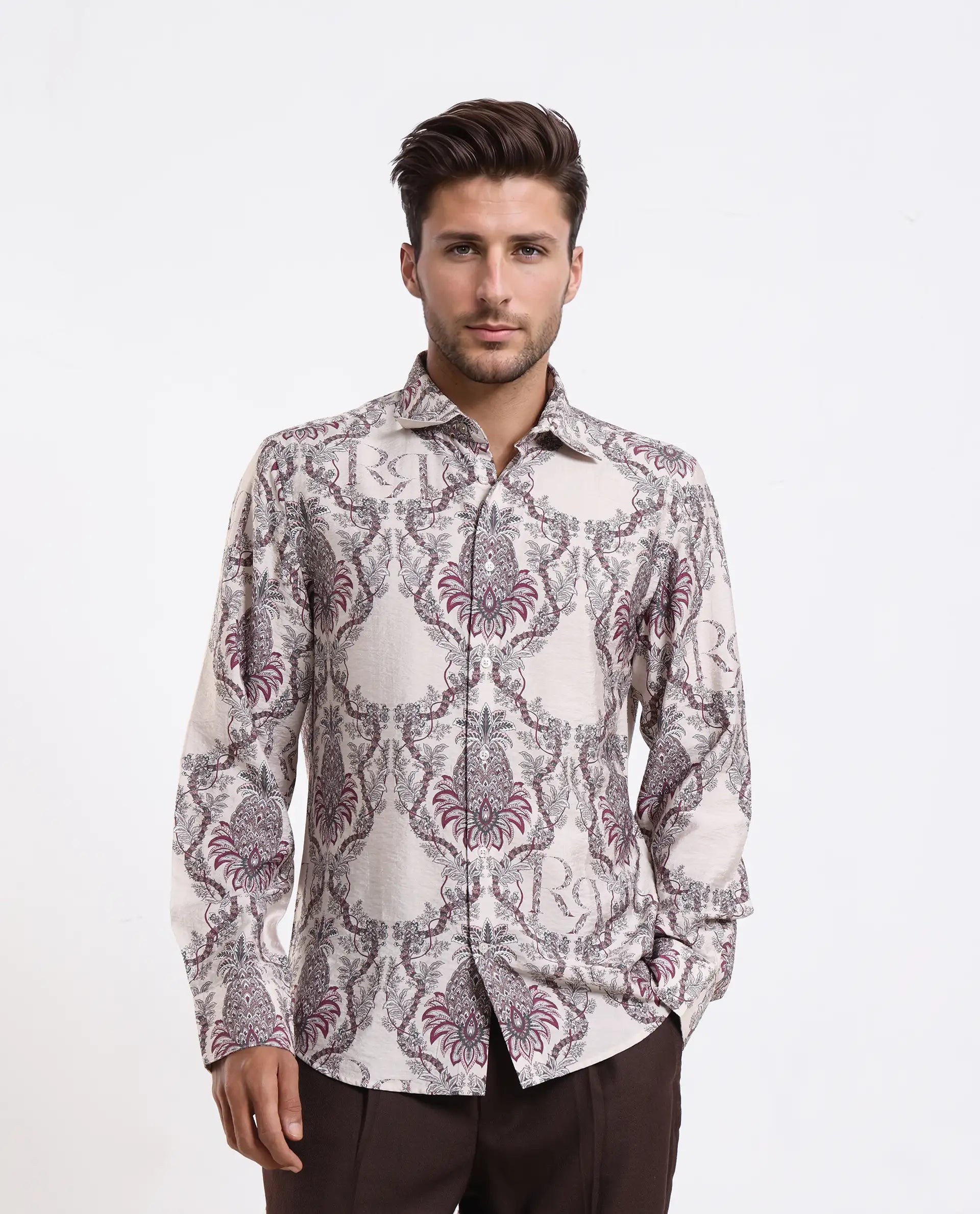 Rare Rabbit Men's Lorat Dusky Peach Viscose Digital Print Regular Fit Full Sleeve Collared Shirt