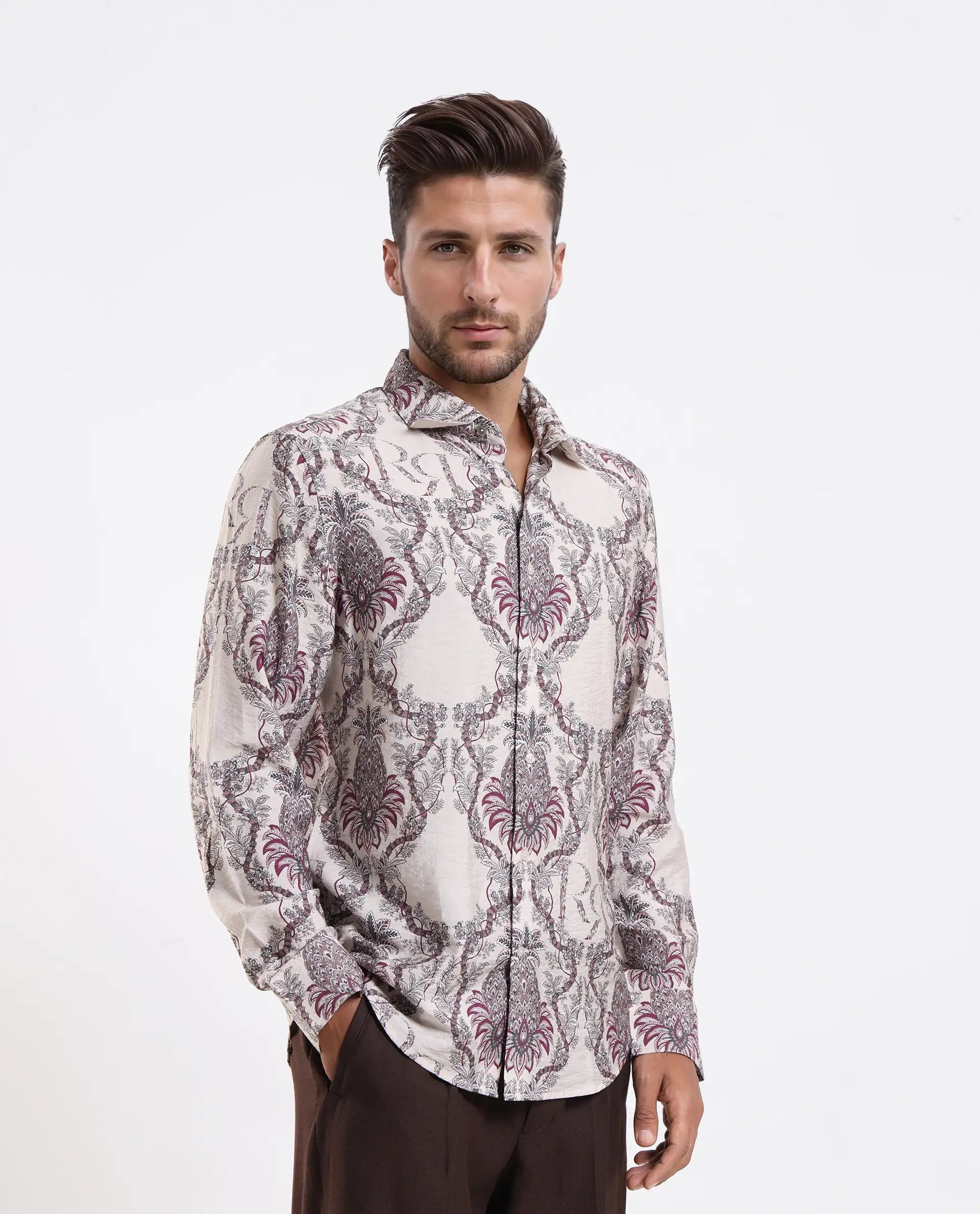Rare Rabbit Men's Lorat Dusky Peach Viscose Digital Print Regular Fit Full Sleeve Collared Shirt