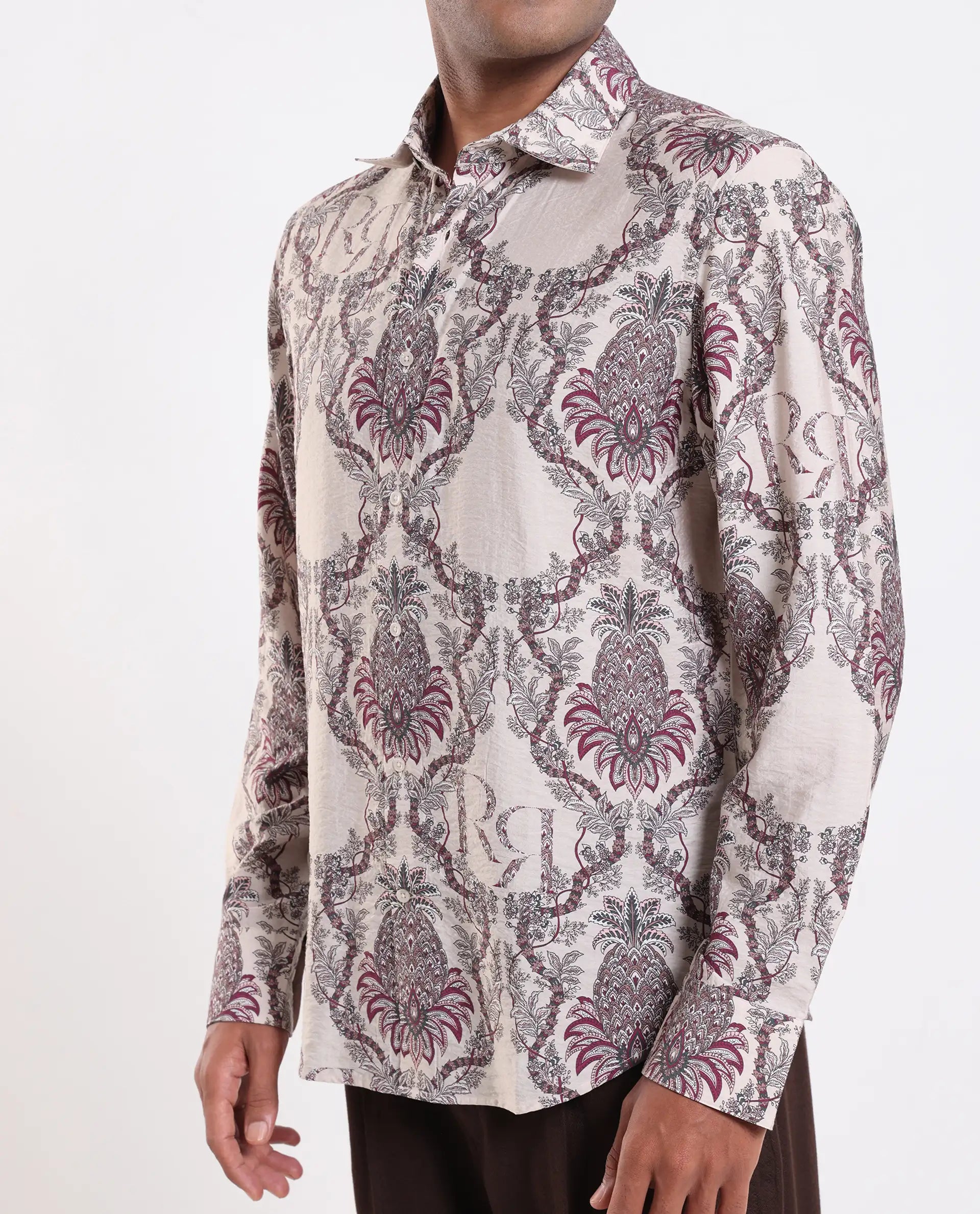 Rare Rabbit Men's Lorat Dusky Peach Viscose Digital Print Regular Fit Full Sleeve Collared Shirt