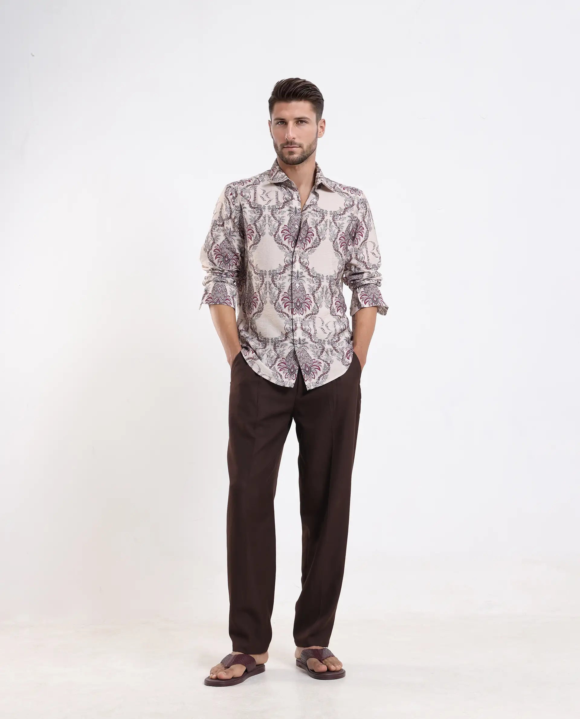 Rare Rabbit Men's Lorat Dusky Peach Viscose Digital Print Regular Fit Full Sleeve Collared Shirt