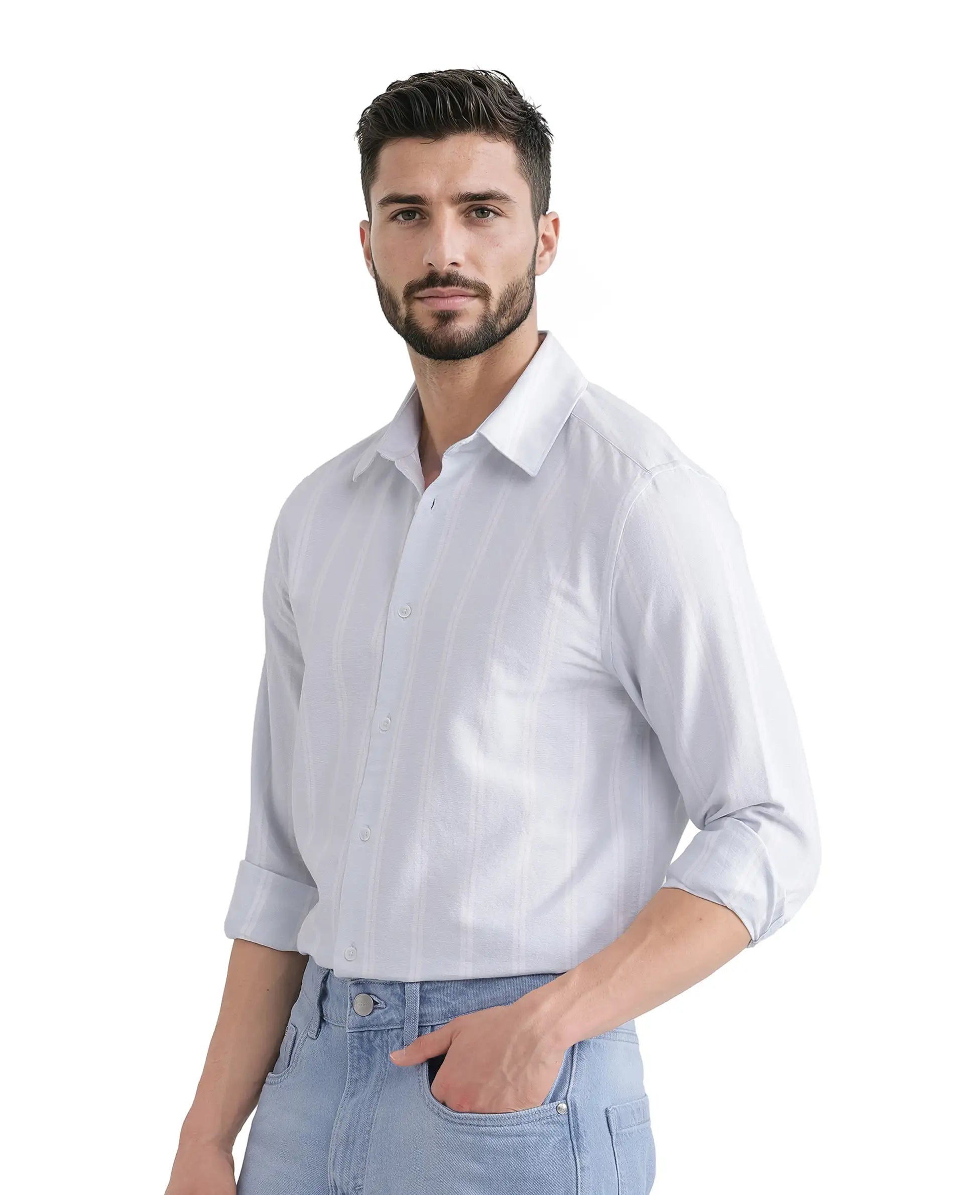 Rare Rabbit Men's Lorb Light Blue Cotton Fabric Full Sleeve Regular Collared Button Closure Stripe Print Shirt