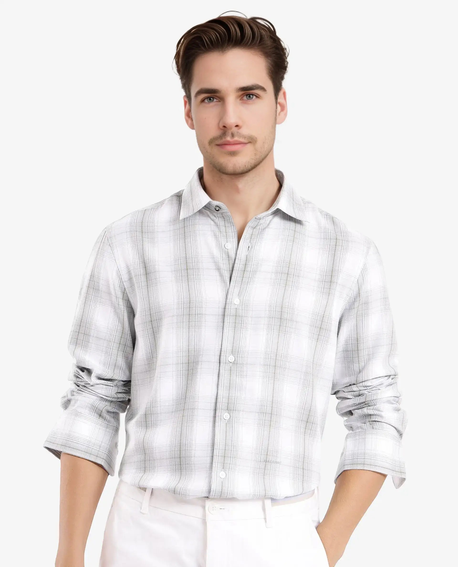 Rare Rabbit Men's Lorde Dusky Green Cotton Checked Print Regular Fit Full Sleeve Collared Shirt