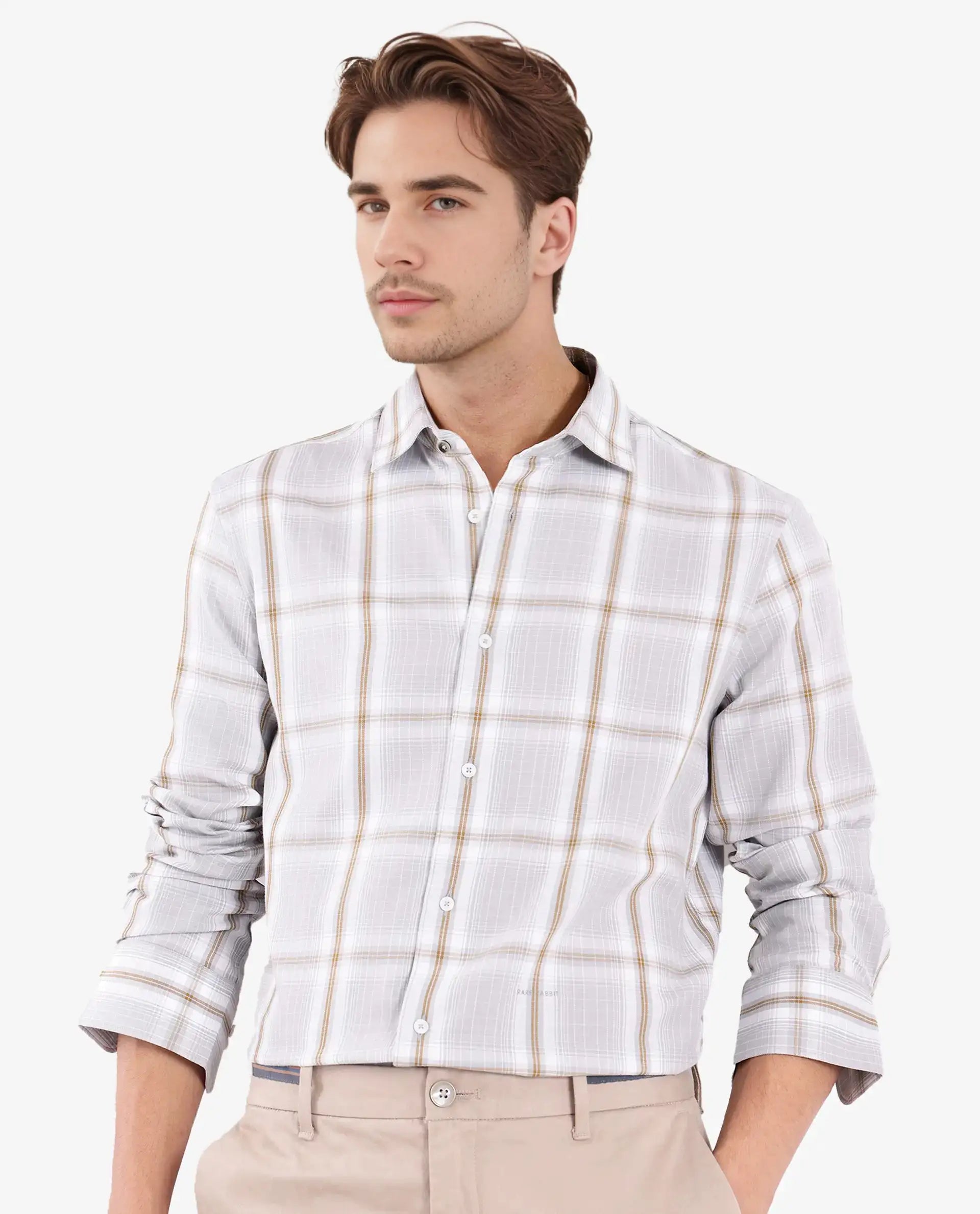 Rare Rabbit Men's Lorde Light Grey Cotton Checked Print Regular Fit Full Sleeve Collared Shirt