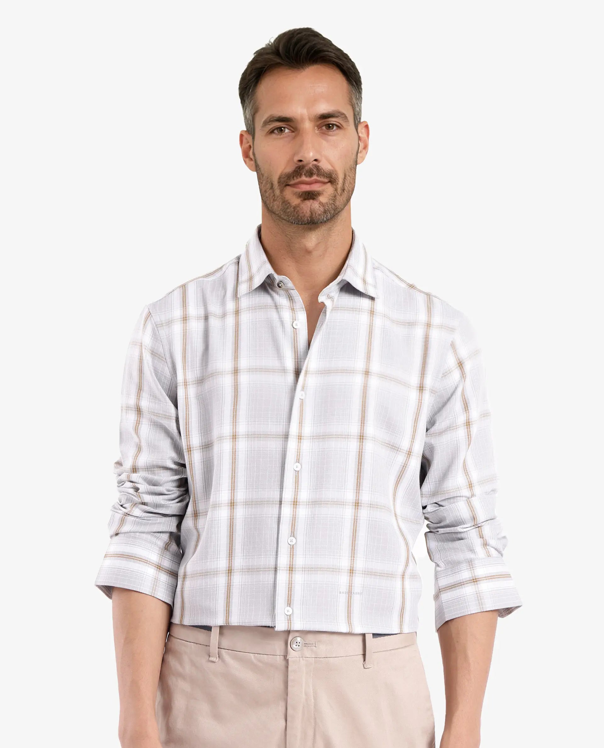 Rare Rabbit Men's Lorde Light Grey Cotton Fabric Regular Fit Checks Shirt