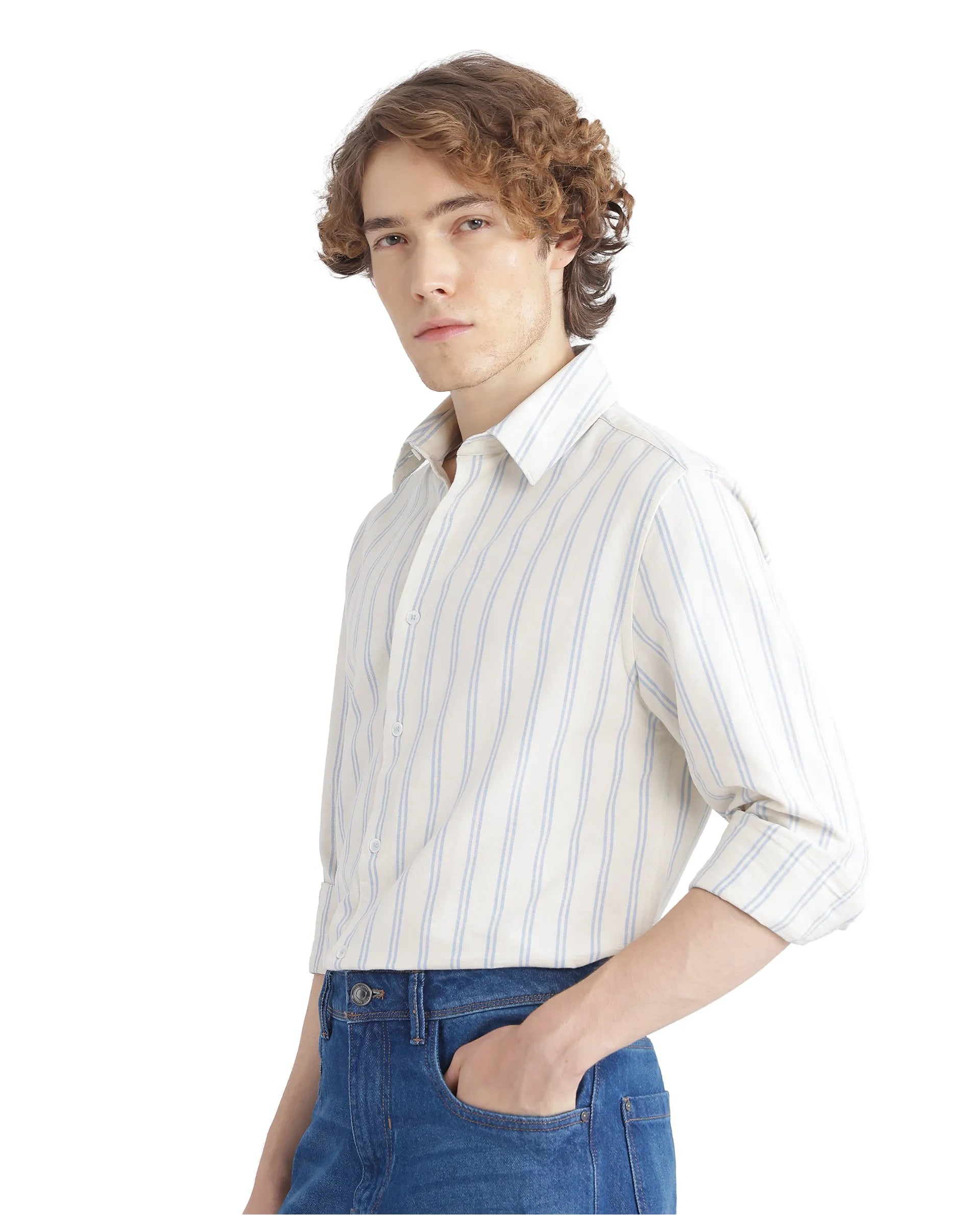 Rare Rabbit Men's Lorw Blue Cotton Fabric Full Sleeve Regular Fit Double Striped Shirt