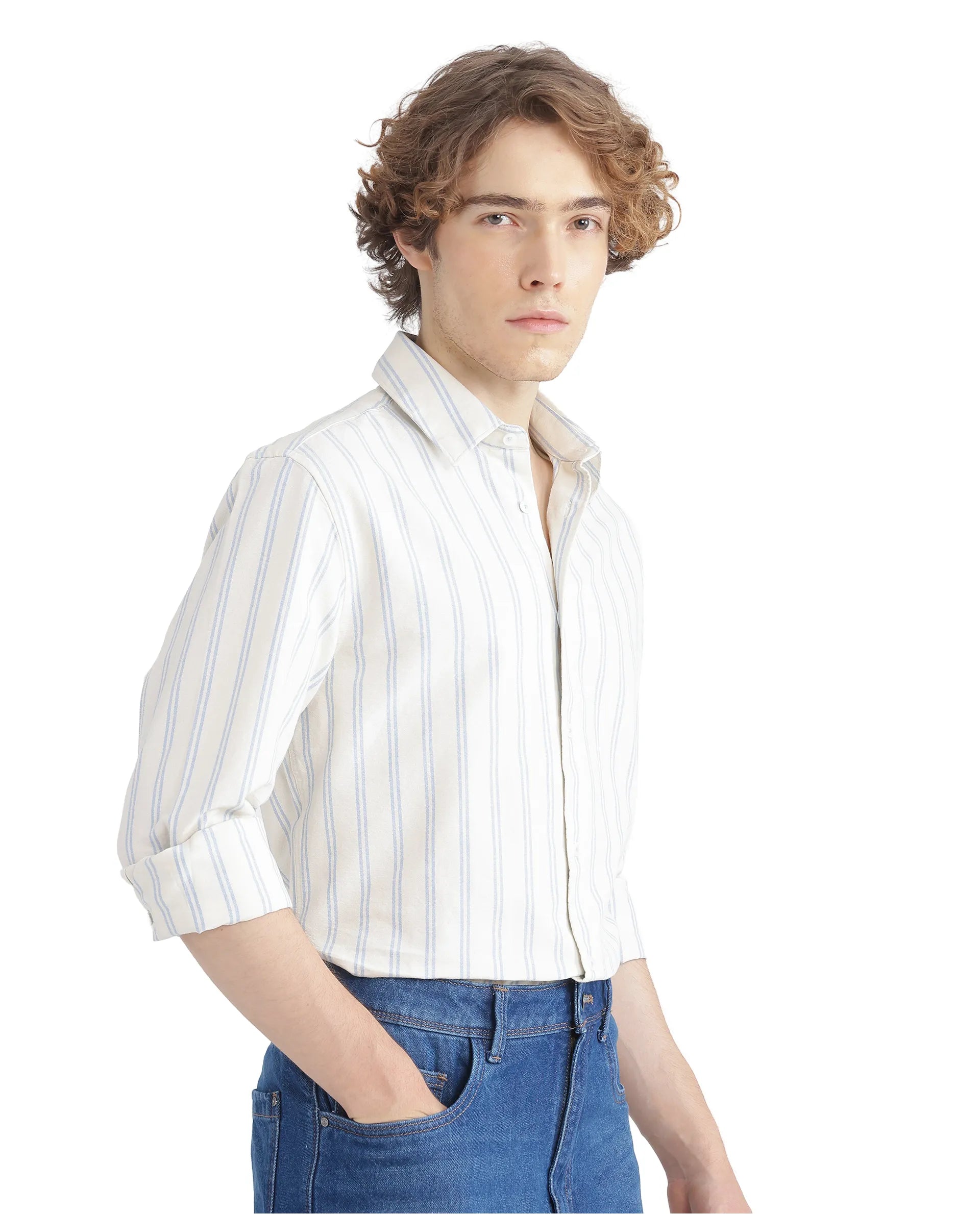 Rare Rabbit Men's Lorw Blue Cotton Fabric Full Sleeve Regular Fit Double Striped Shirt