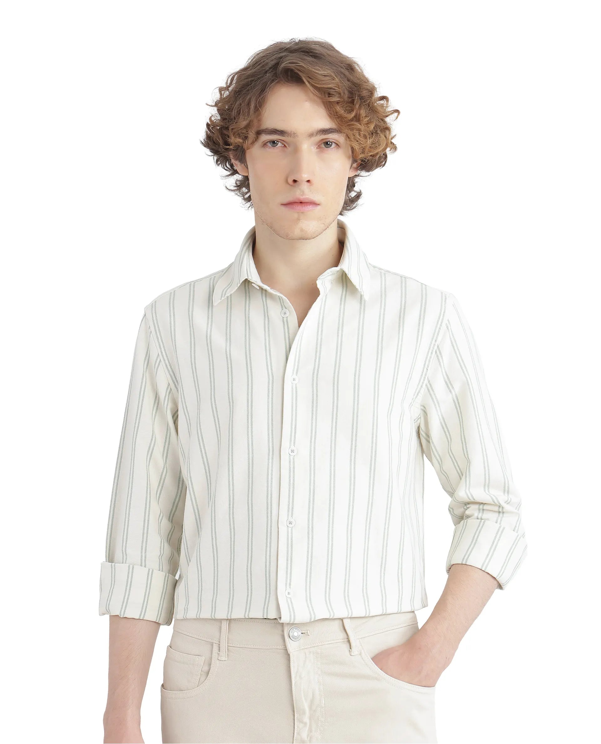 Rare Rabbit Men's Lorw Pastel Green Cotton Fabric Full Sleeve Collared Neck Button Closure Striped Shirt