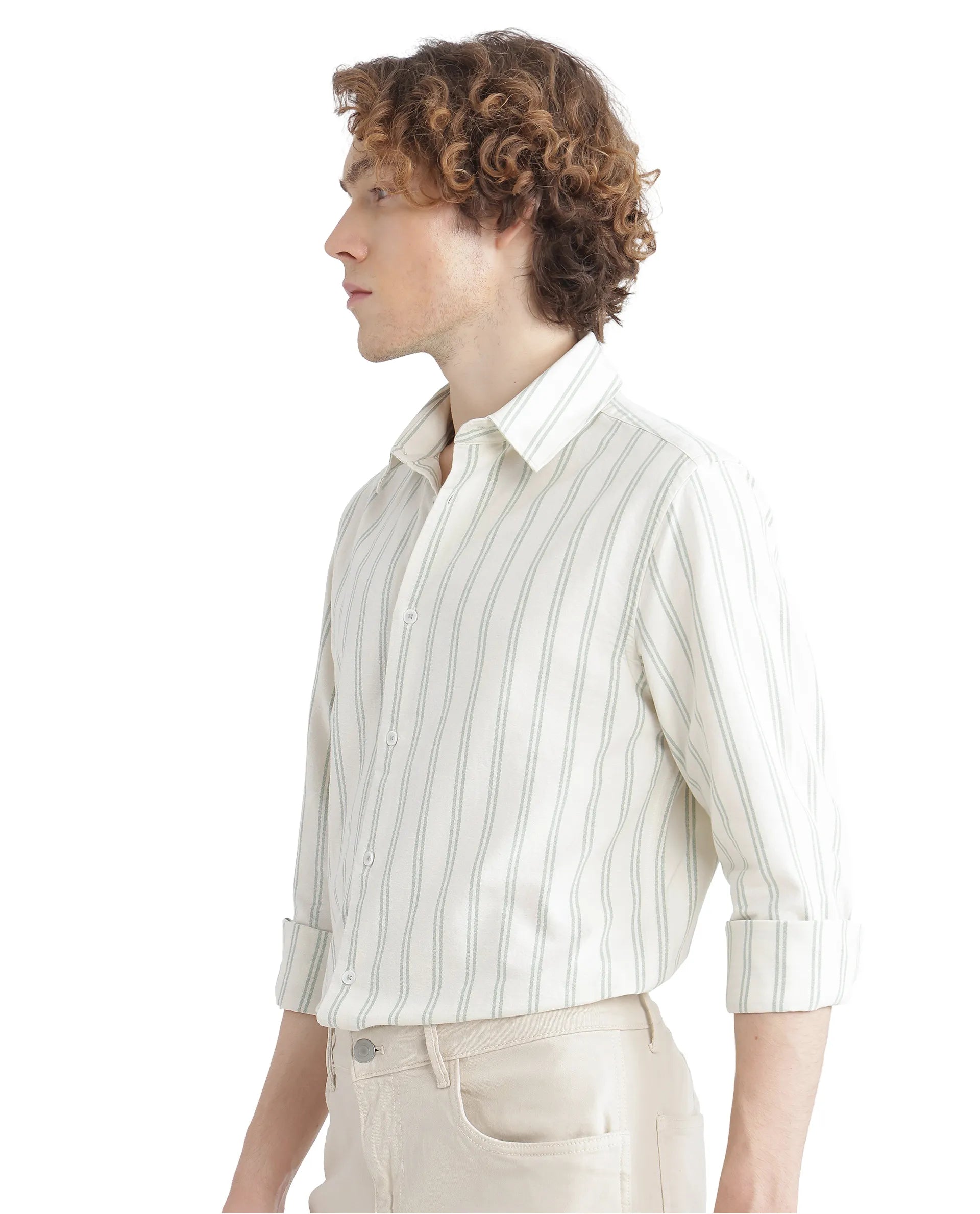 Rare Rabbit Men's Lorw Pastel Green Cotton Fabric Full Sleeve Collared Neck Button Closure Striped Shirt