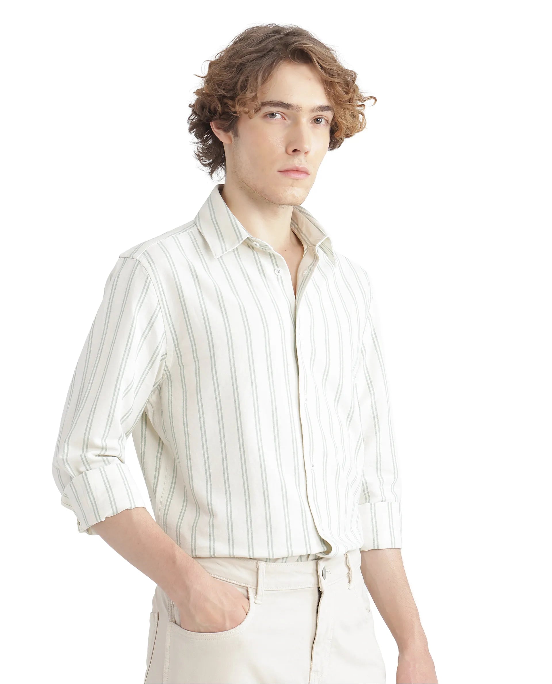 Rare Rabbit Men's Lorw Pastel Green Cotton Fabric Full Sleeve Collared Neck Button Closure Striped Shirt