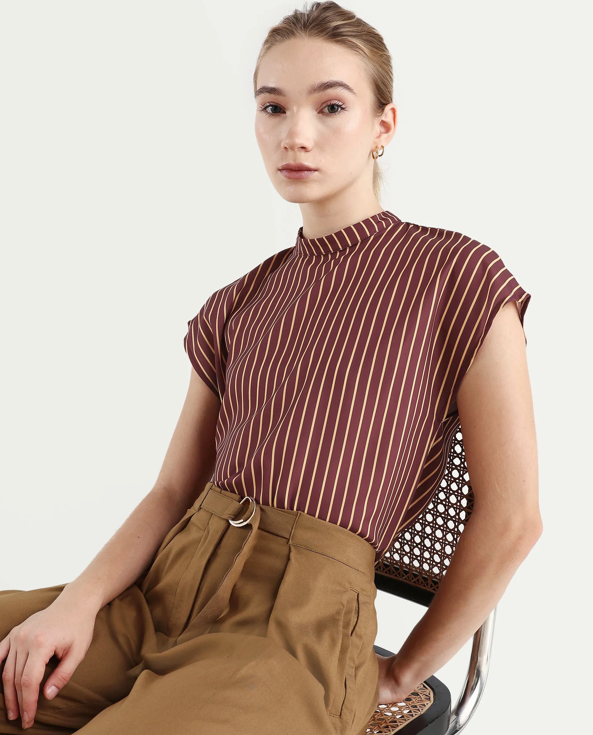 Rareism Women's Lossa Brown Polyester Blend High Neck Striped Extended Sleeves Regular Fit Top