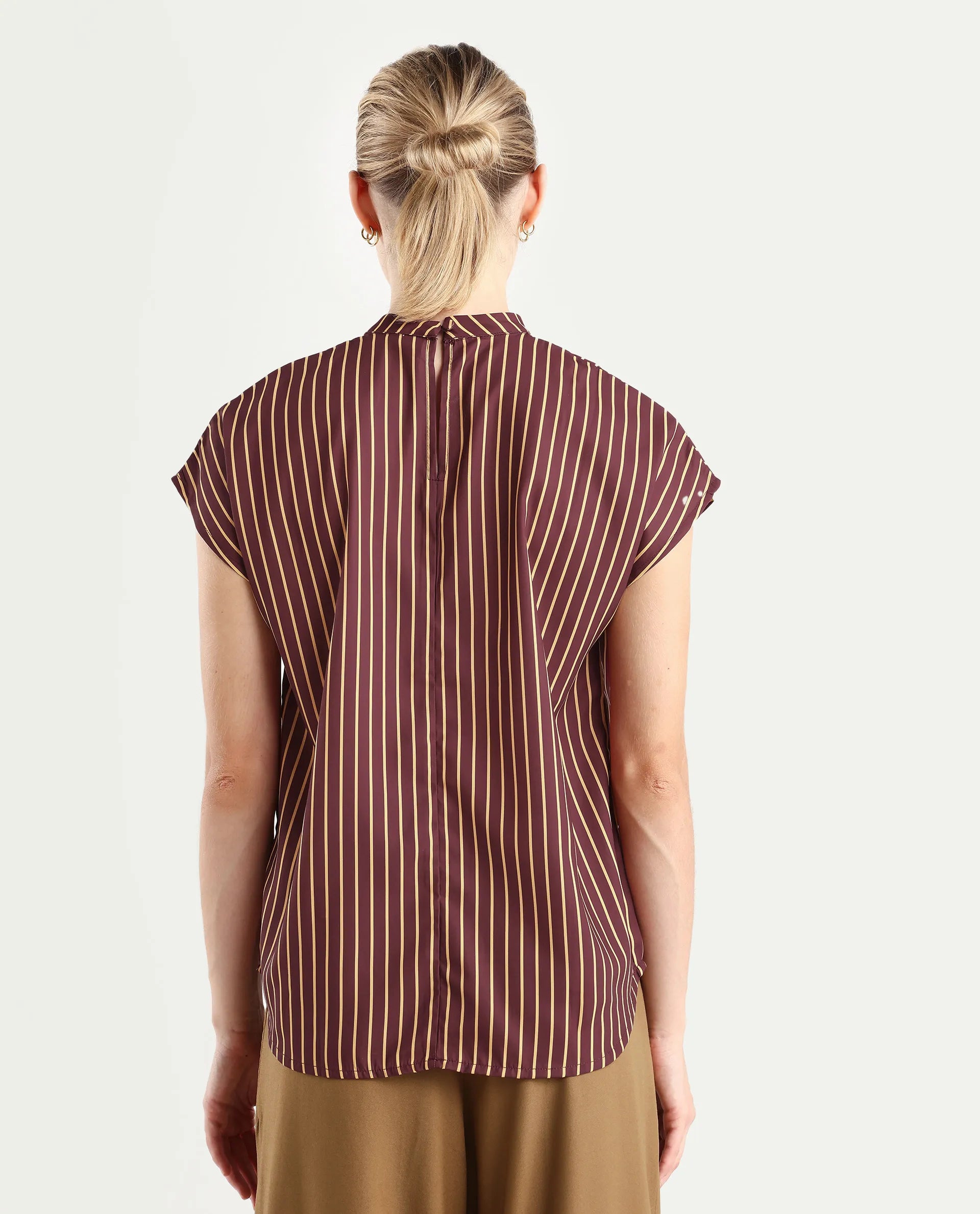 Rareism Women's Lossa Brown Polyester Blend High Neck Striped Extended Sleeves Regular Fit Top
