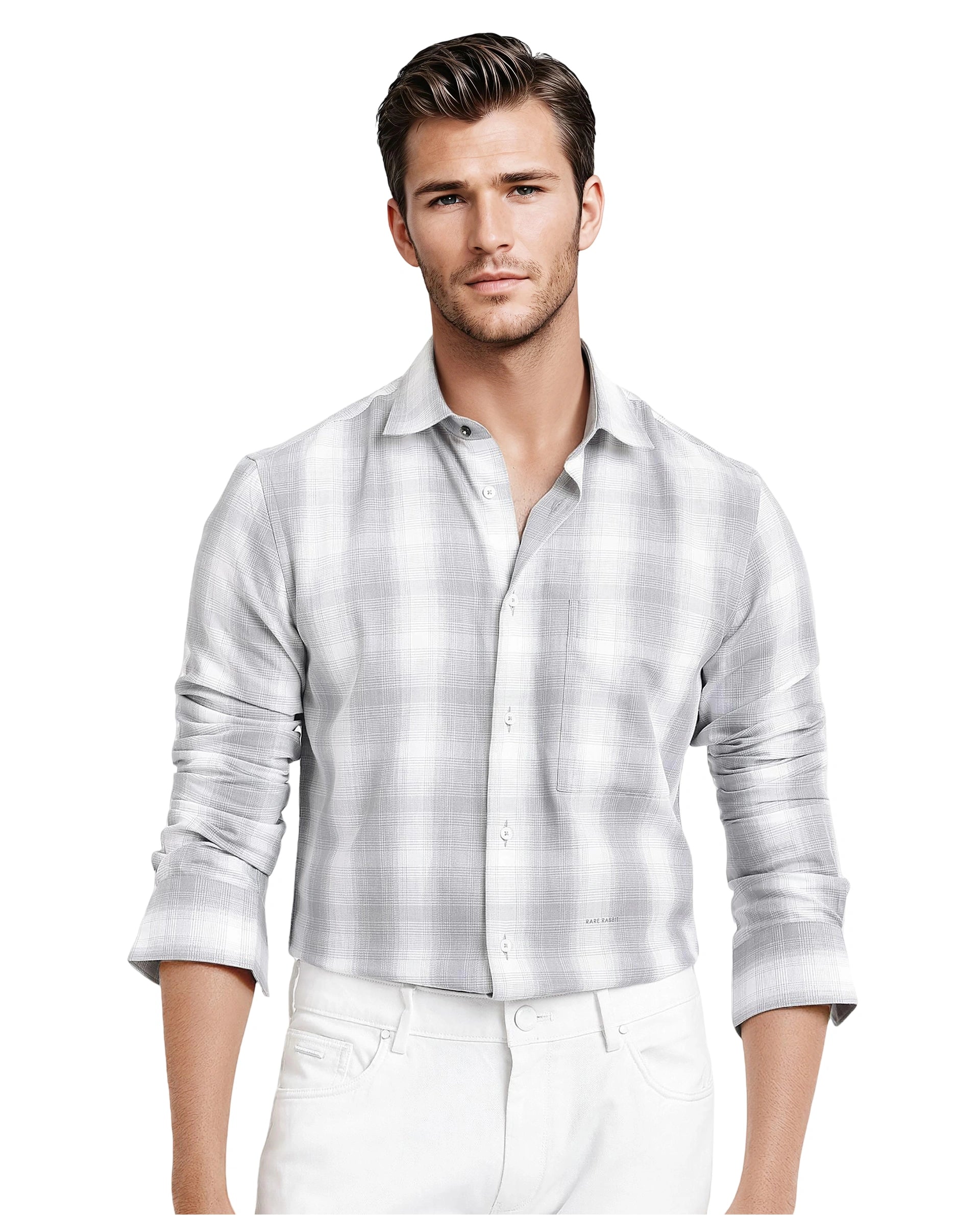 Rare Rabbit Men's Loto Grey Cotton Fabric Full Sleeve Regular Fit Checks Shirt